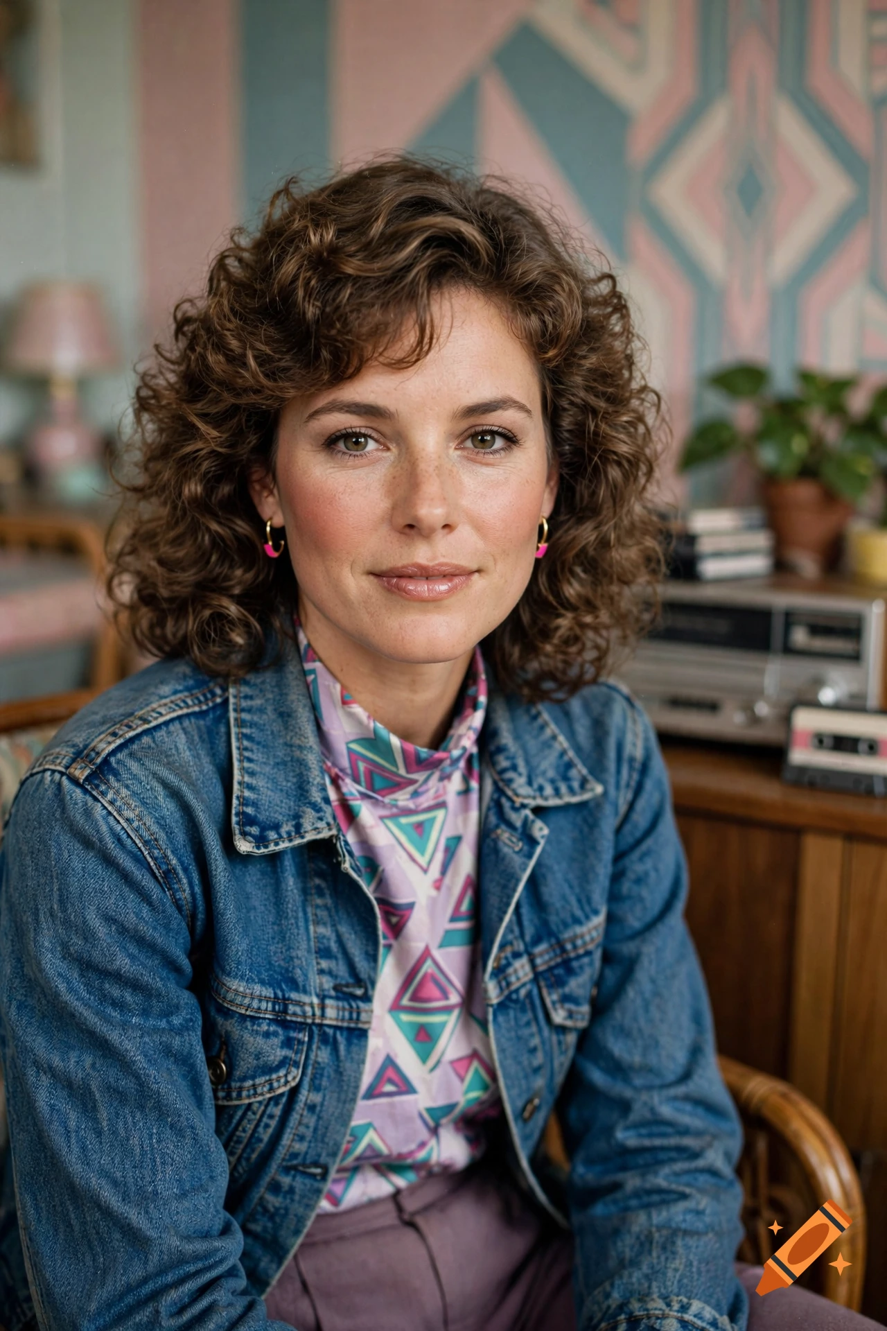 Photorealistic portrait of a woman with curly hair from the 1980s wearing a denim jacket and patterned turtleneck indoors.