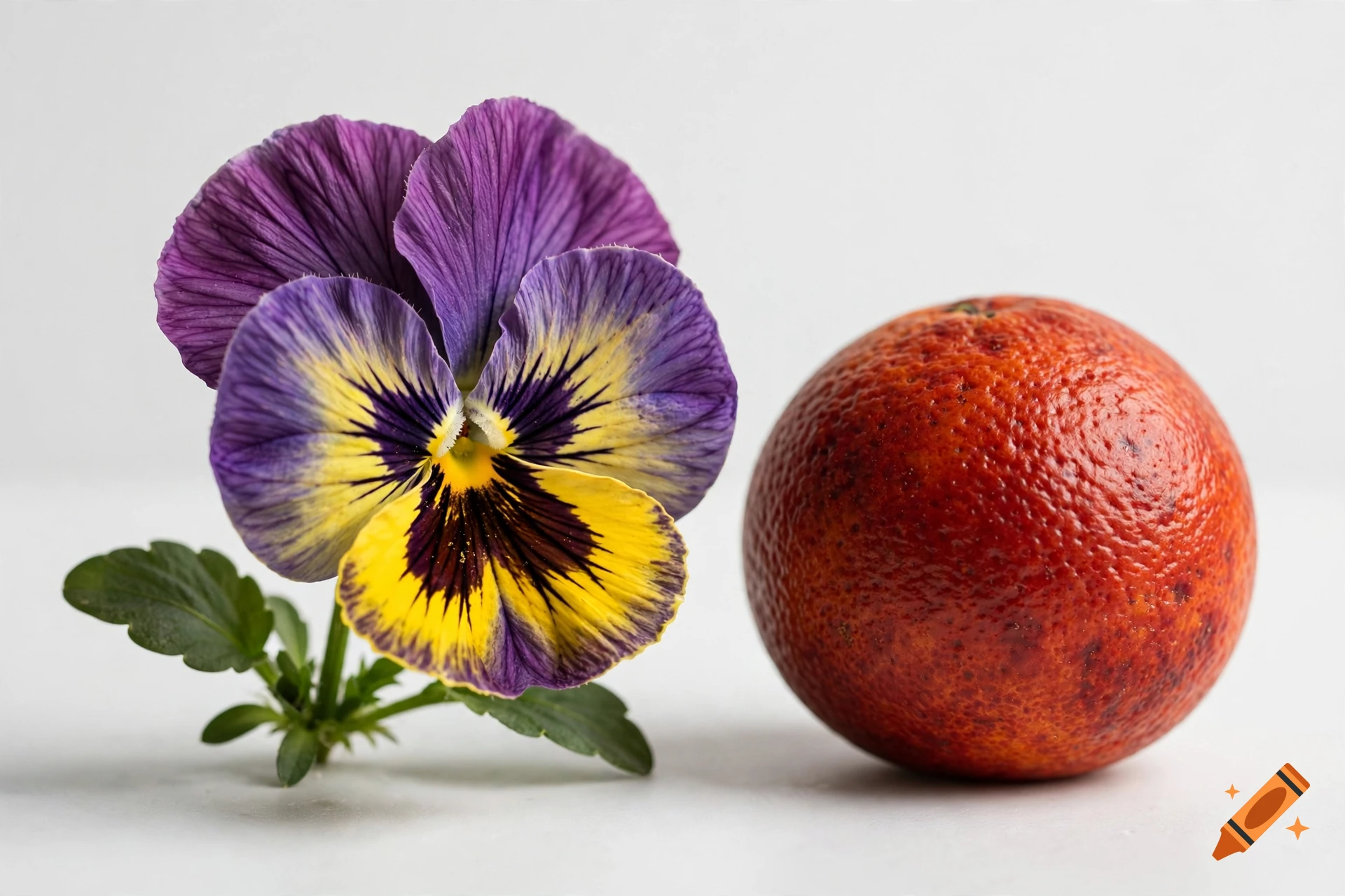 A purple and yellow pansy flower stands next to a textured red-orange citrus fruit on a light surface.
