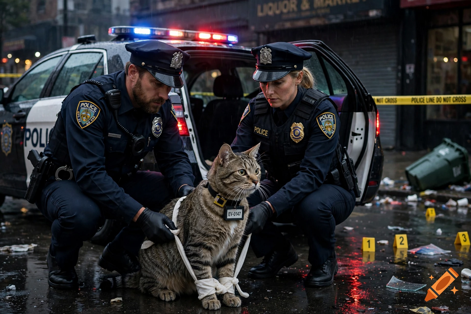 Photorealistic image of two police officers handcuffing and arresting a tabby cat at a crime scene.