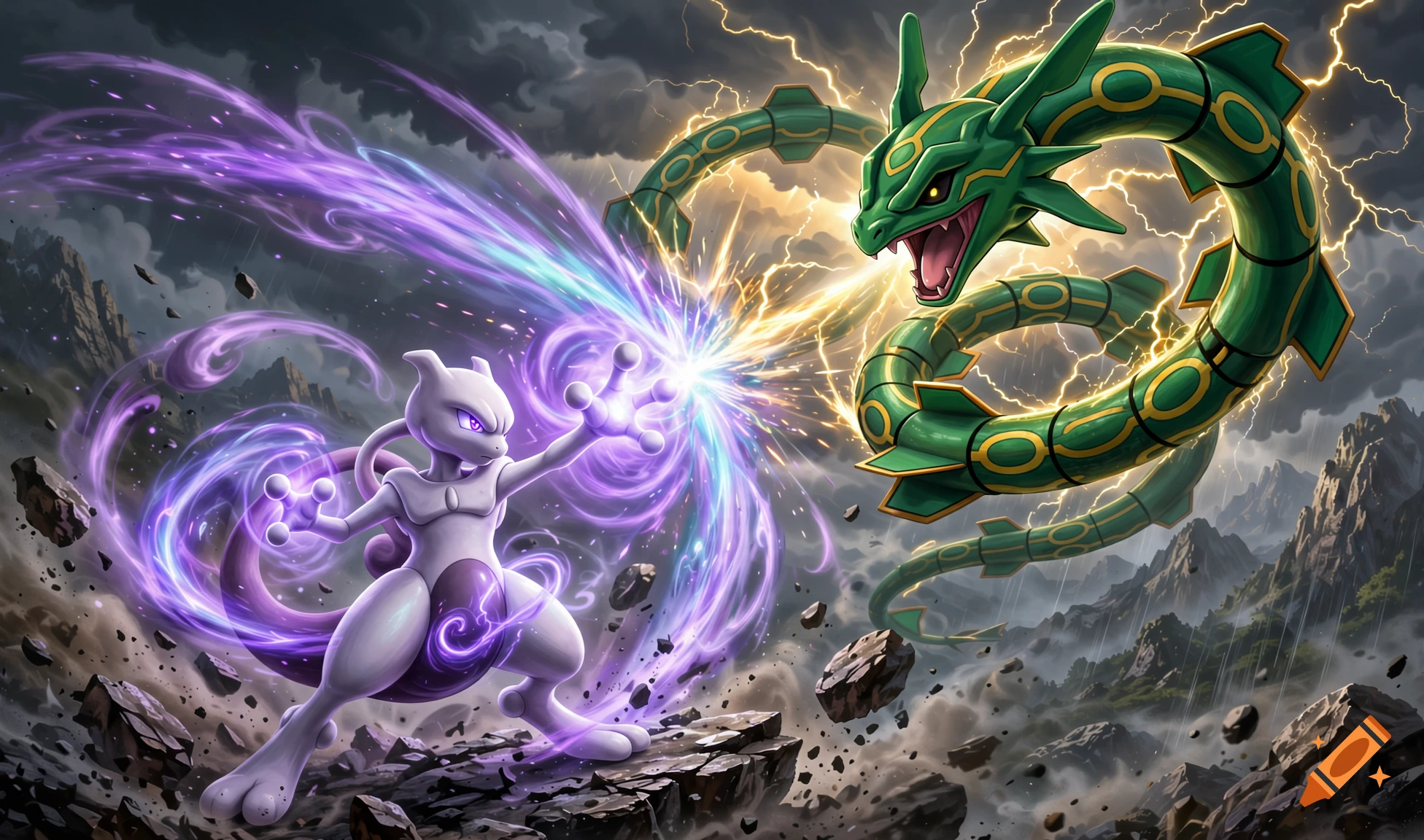 Mewtwo and Rayquaza engage in a powerful battle amid lightning and rocky terrain.