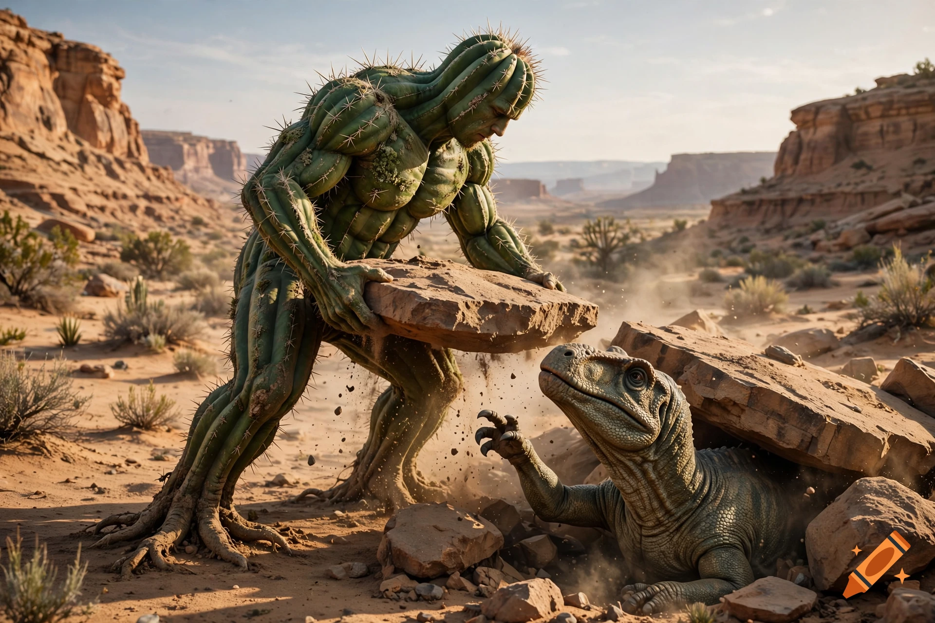 A giant muscular cactus man lifting a heavy rock to help a trapped dinosaur in a desert canyon.
