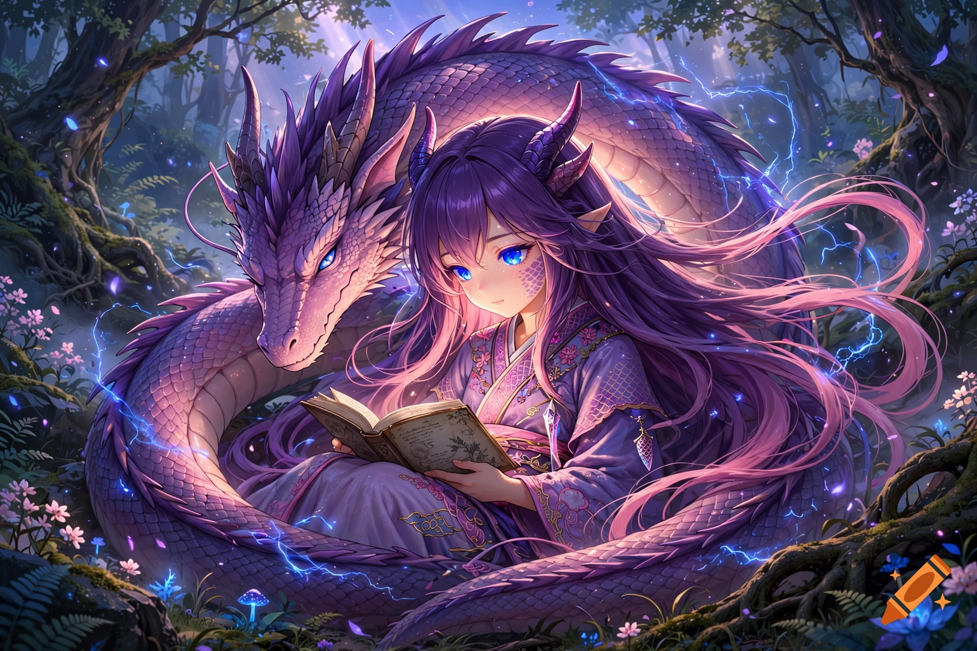 Anime style illustration of a cute girl with purple hair and horns reading a book with a matching purple dragon in a magical forest.
