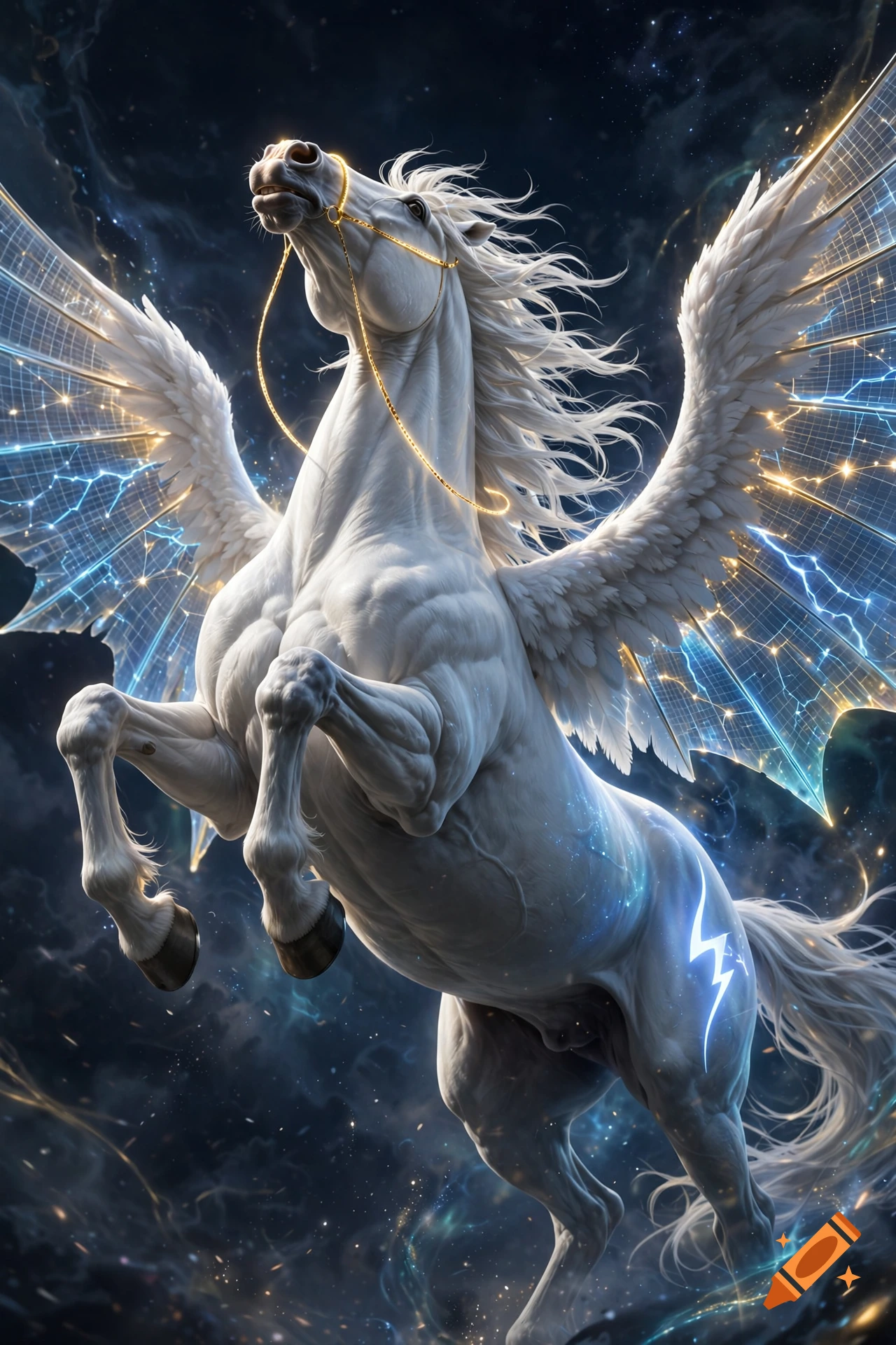 A majestic white winged horse rearing up against a dark, starry sky with glowing energy lines.