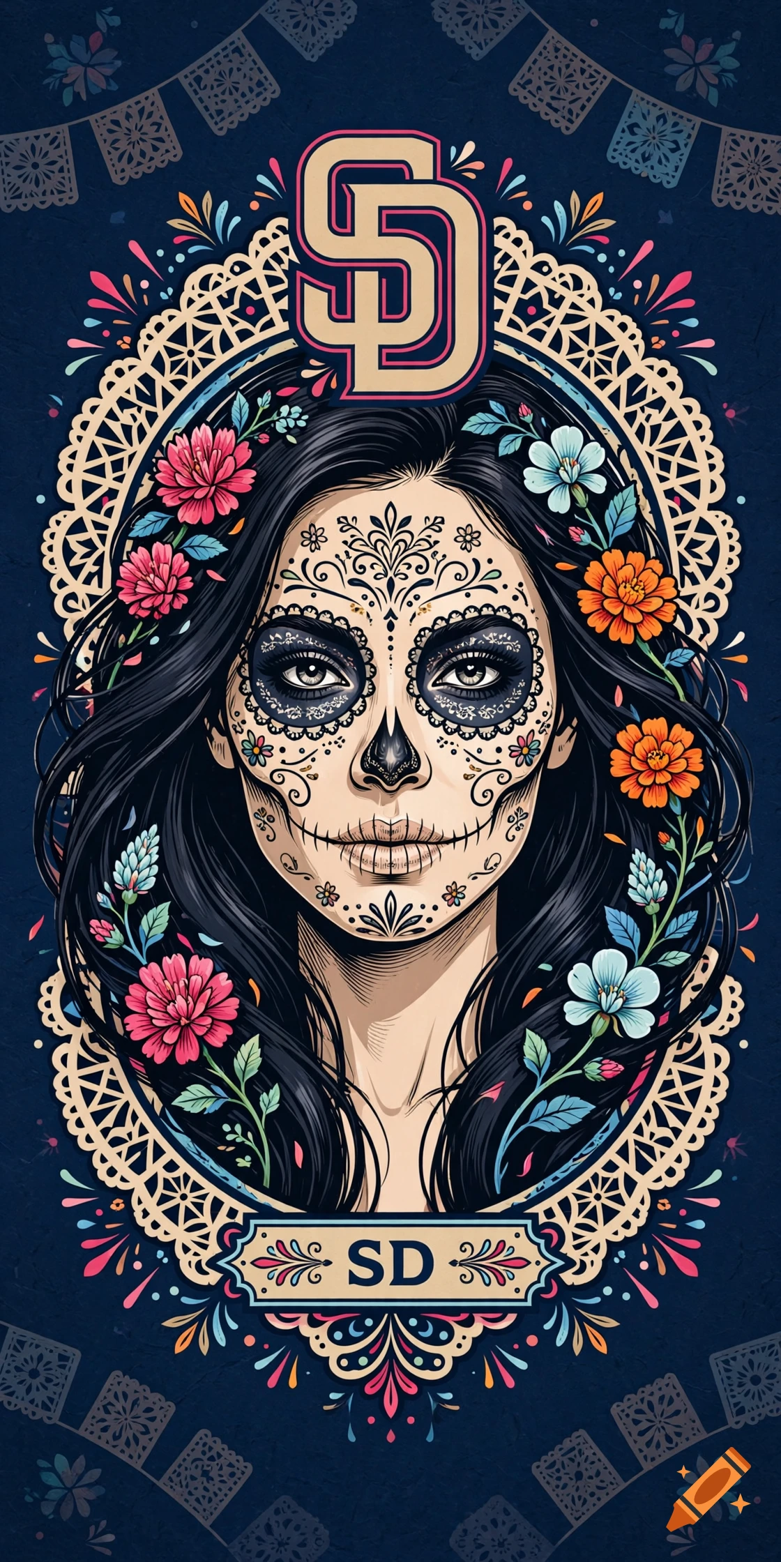 Digital illustration of a woman with Day of the Dead face paint, framed by lace and flowers, with San Diego Padres SD logos.