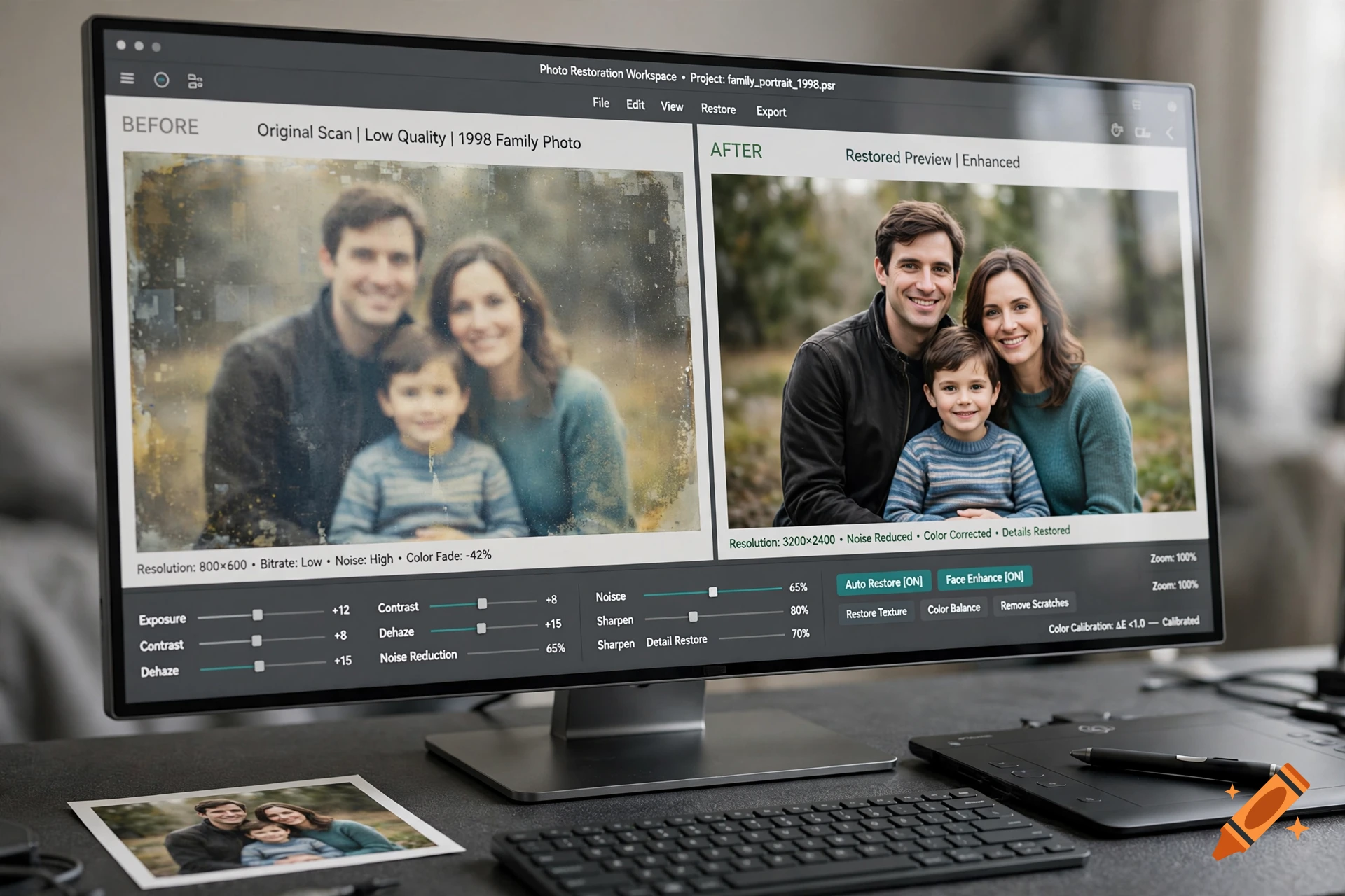 A computer monitor displaying a photo restoration workspace with a before and after family portrait.