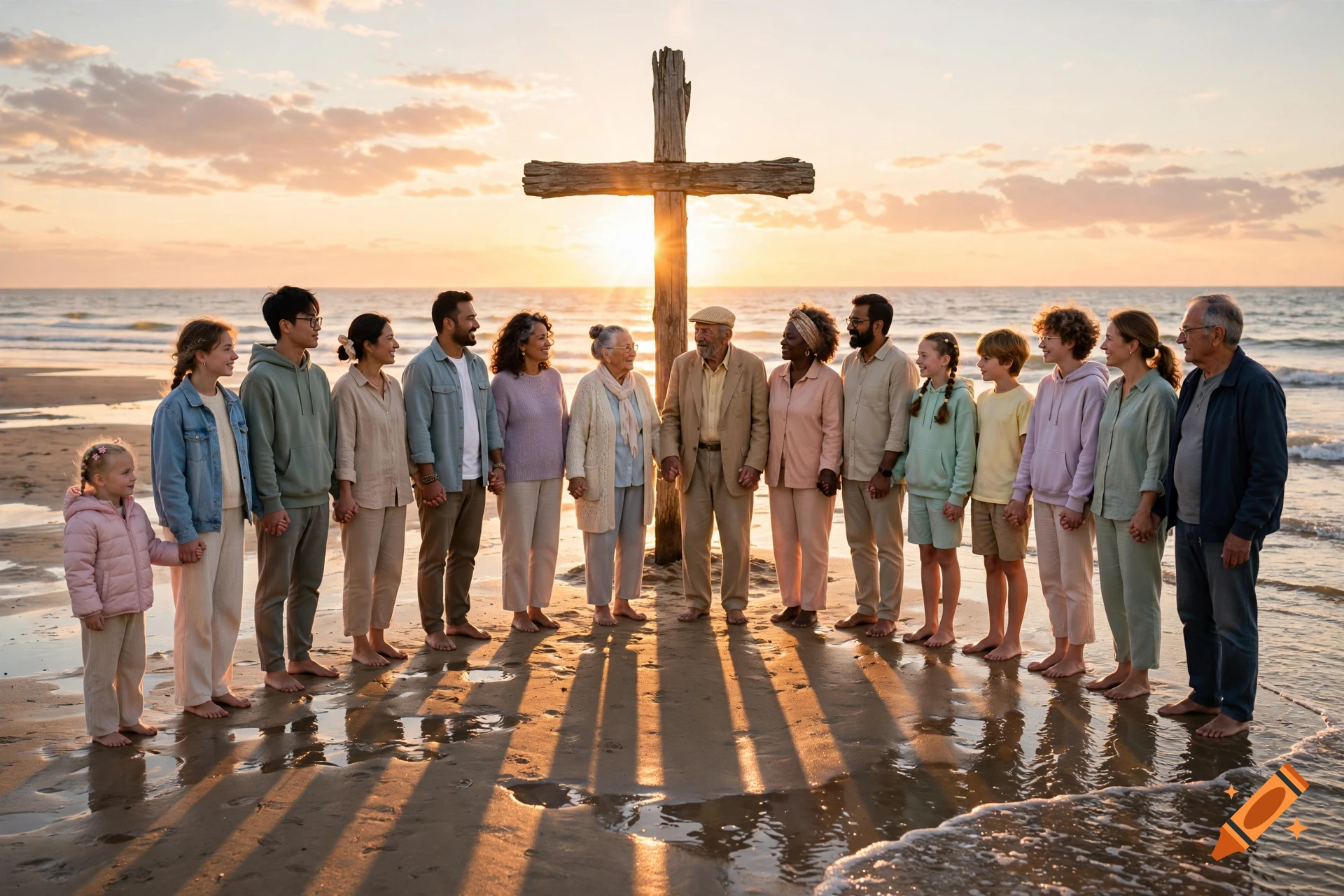 A diverse group of people of all ages holding hands in a circle on a beach at sunrise in front of a large wooden cross, photorealistic.
