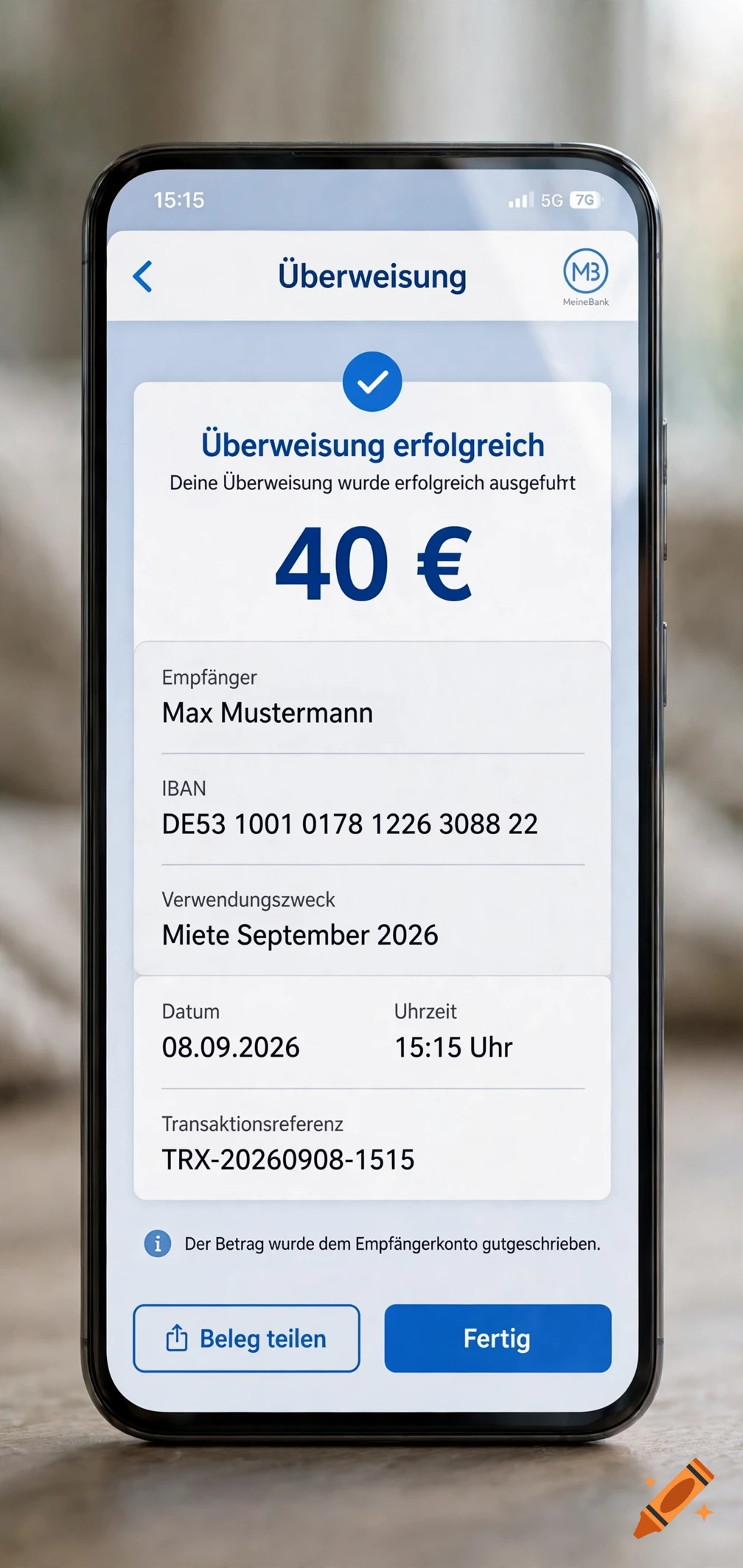 Photorealistic image of a smartphone displaying a successful banking transfer app screen with 40 euro amount.