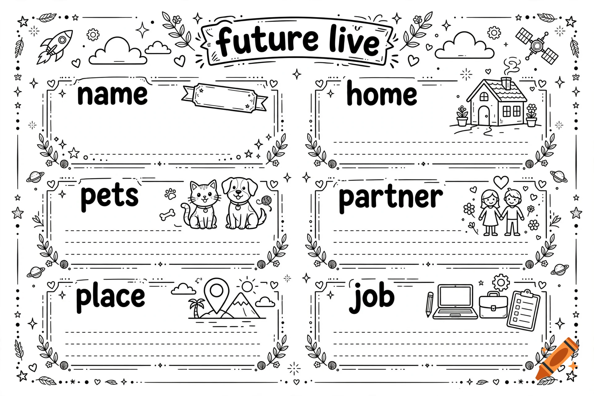 Black and white line art coloring page template featuring sections for name, home, pets, partner, place, and job.