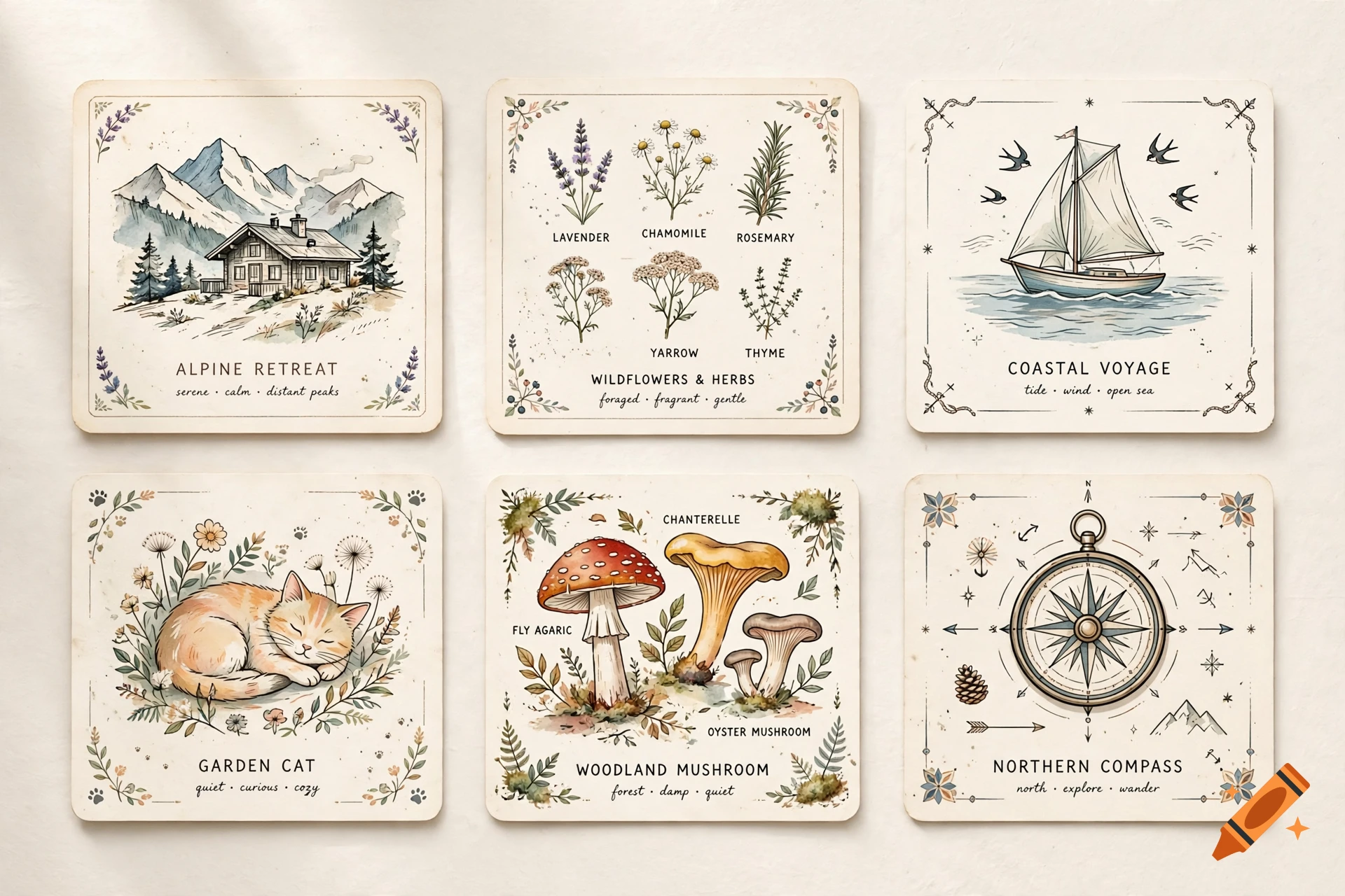 Six vintage-style illustrated cards featuring watercolor drawings of an alpine retreat, herbs, a sailboat, a sleeping cat, mushrooms, and a compass.