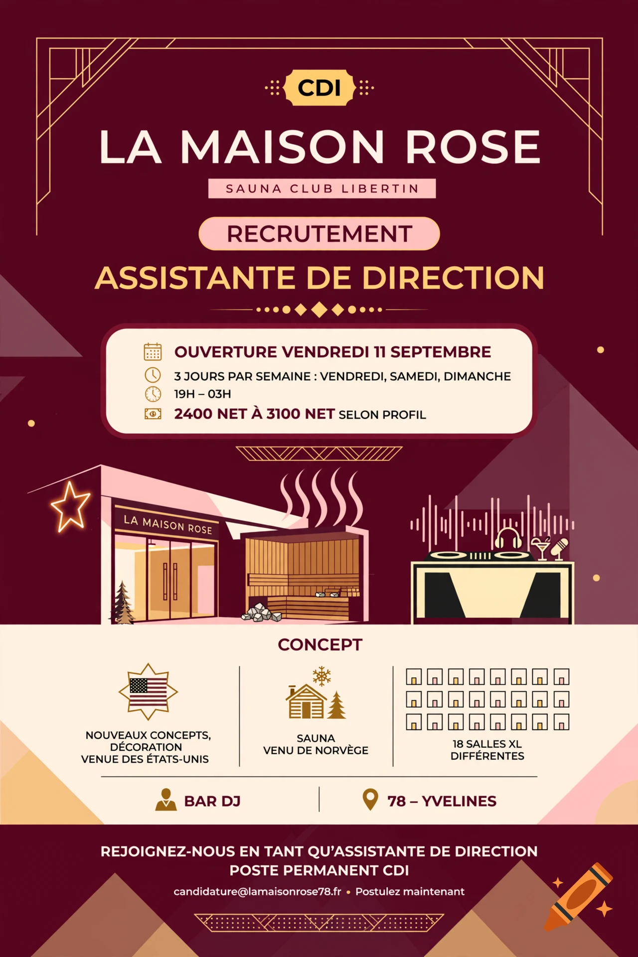 Flyer for a job recruitment at La Maison Rose, featuring flat vector illustration style in red and beige tones.