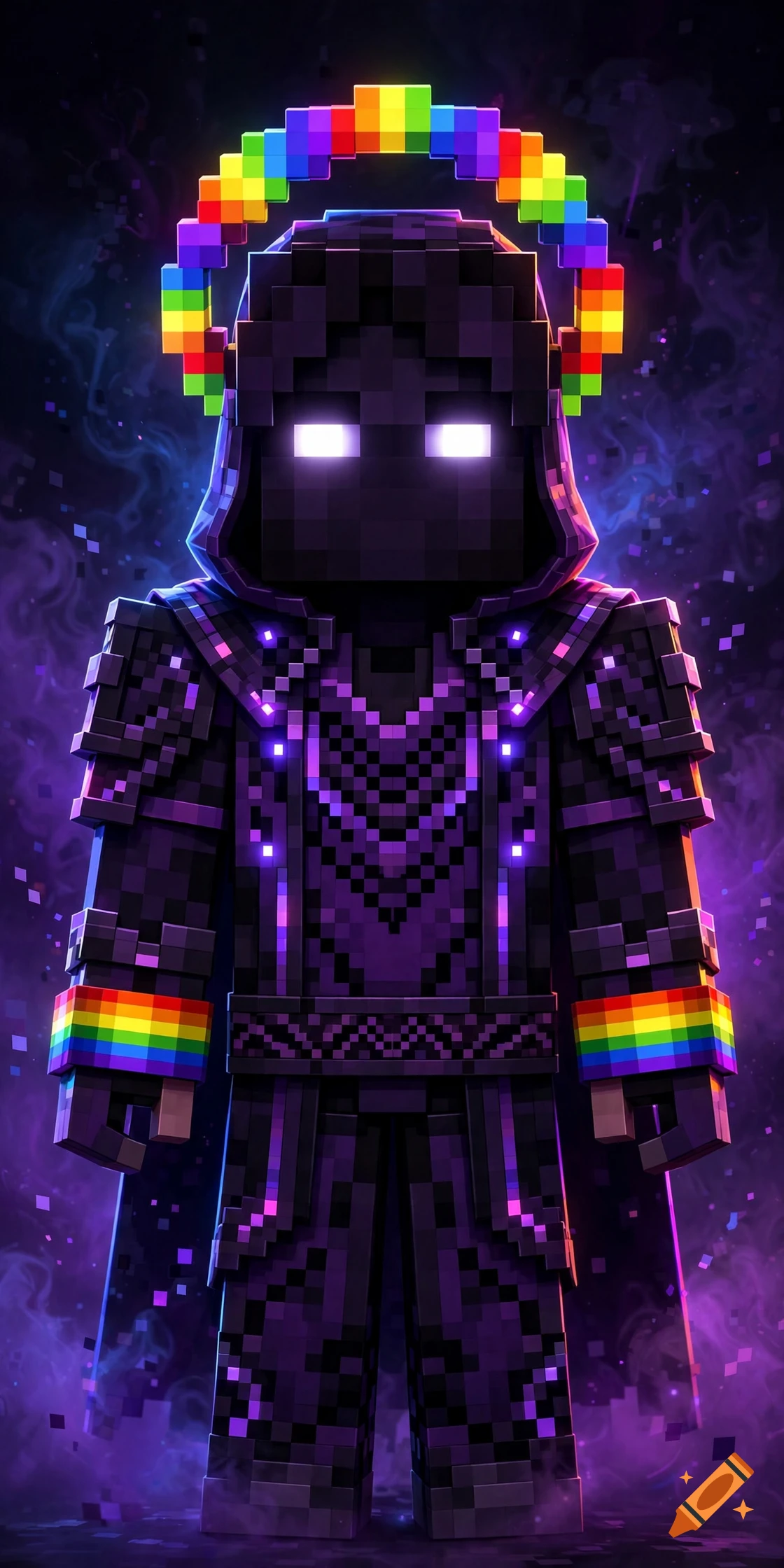 A blocky Minecraft skin character in purple and black armor, glowing white eyes, and a colorful rainbow halo and bracelets.