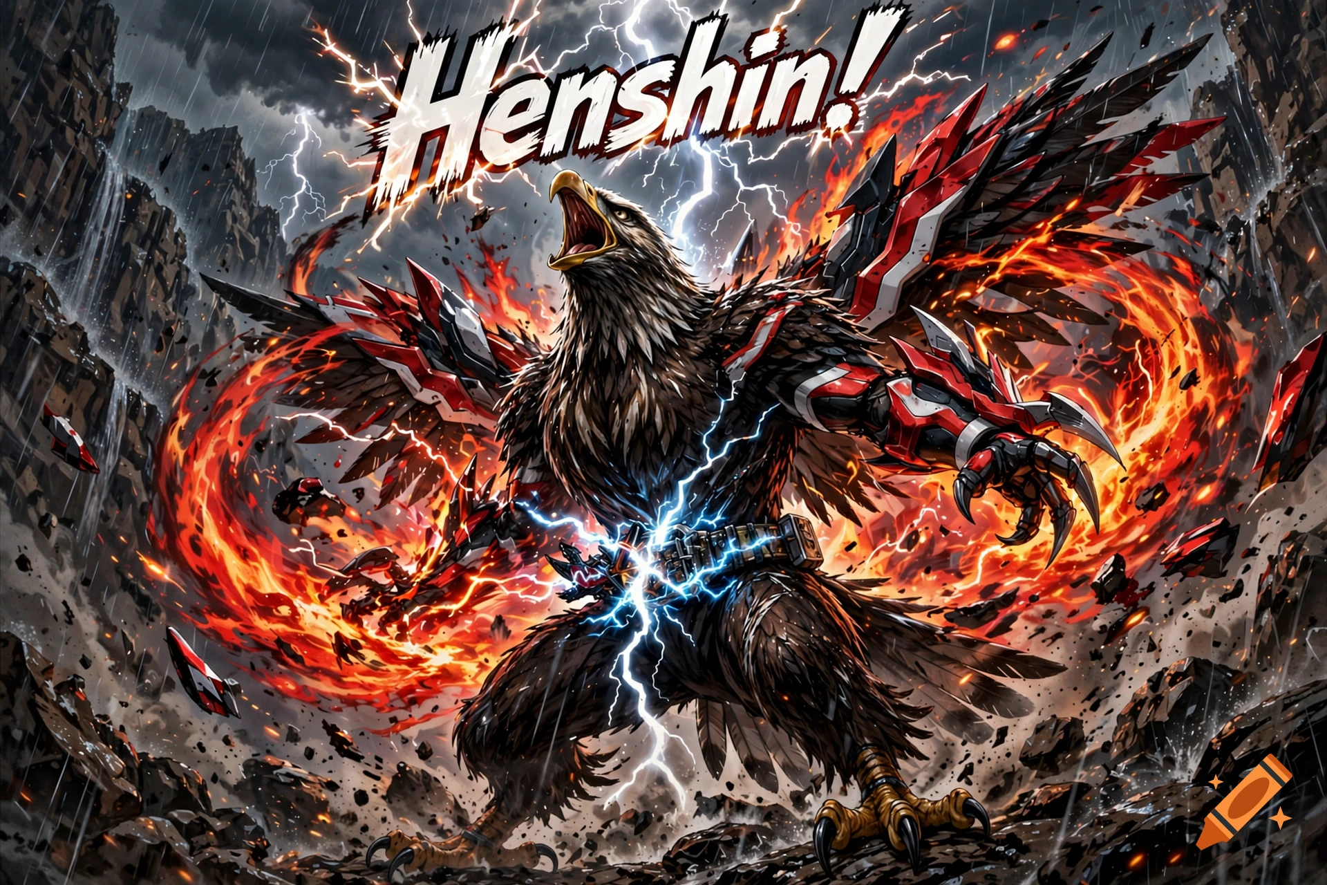An anthropomorphic eagle in a red and black armored tokusatsu suit roars amidst fire, lightning, and stormy canyon debris, with the text 'Henshin!' above.
