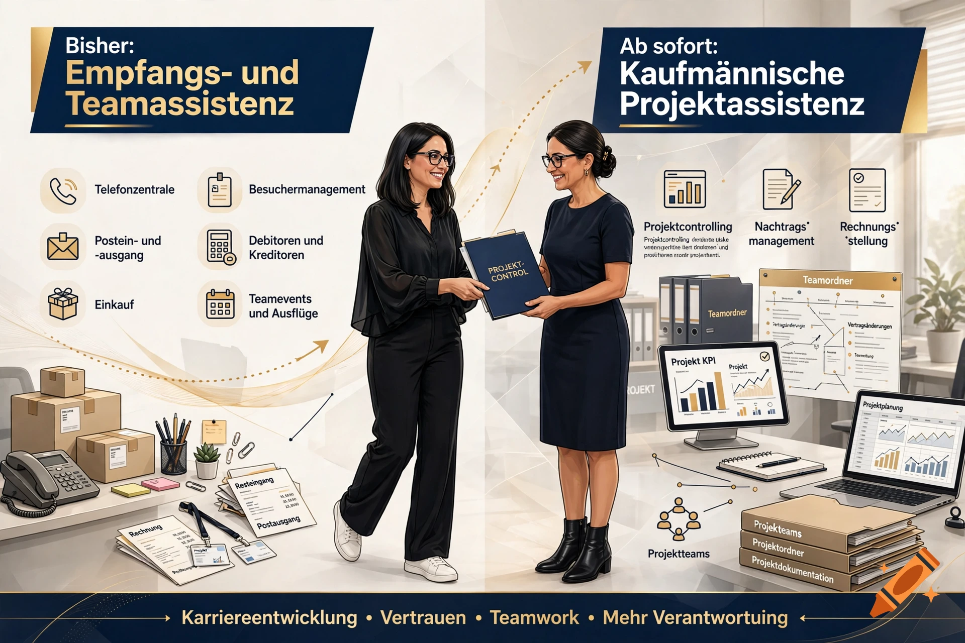 A business illustration showing a job transition between two women with task icons and charts in an office setting.