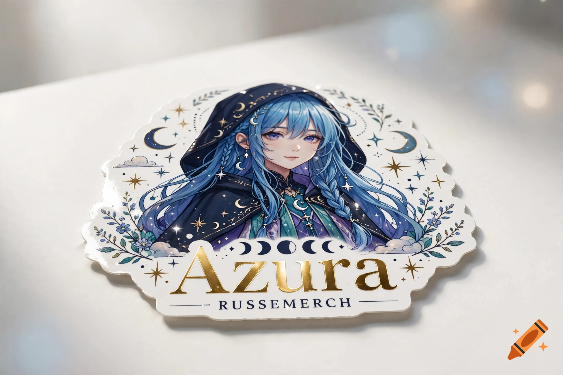 An anime-style sticker featuring a blue-haired girl in a dark hooded cloak with moon and star designs, and the text Azura Russemerch.
