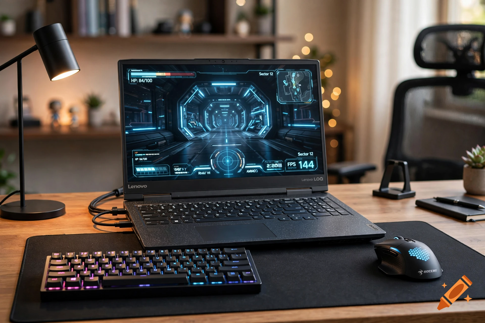 A gaming laptop, external keyboard, and gaming mouse set up on a wooden desk in a room with a lamp and office chair.