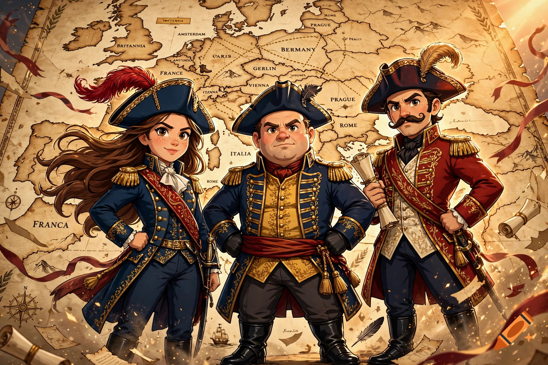 Cartoon illustration of three Napoleonic-era characters standing in front of a vintage map of Europe.