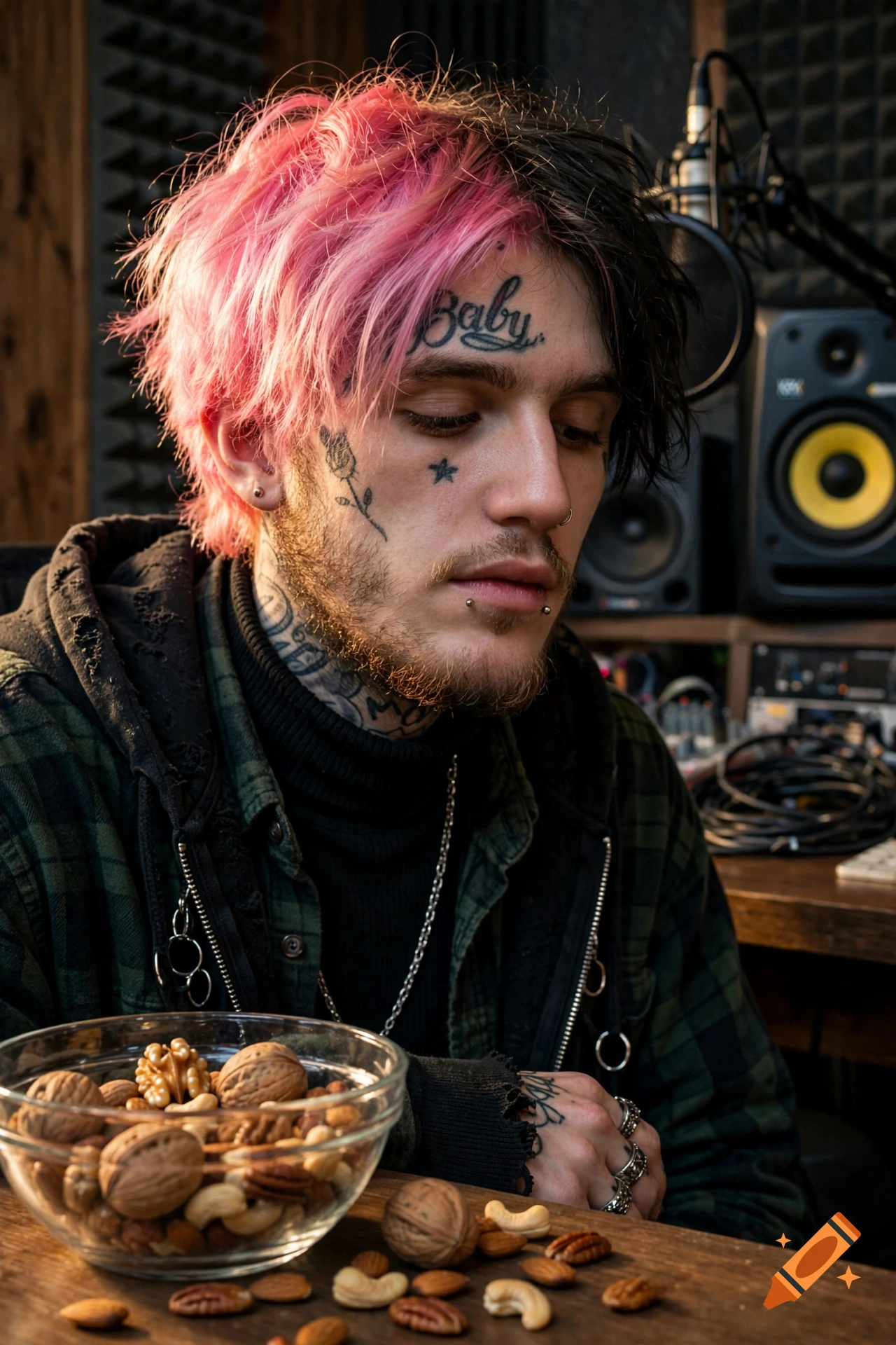 Photorealistic portrait of Lil Peep with pink and black hair, facial tattoos, sitting in a recording studio next to a bowl of nuts.