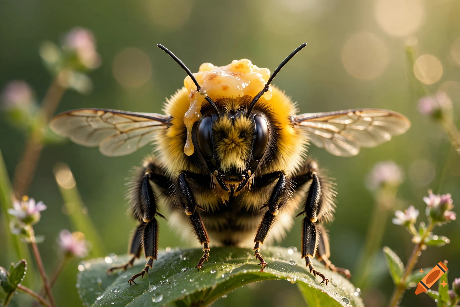 Close-up photorealistic image of a bumblebee perched on a green leaf with a dollop of melted cheese on its head.