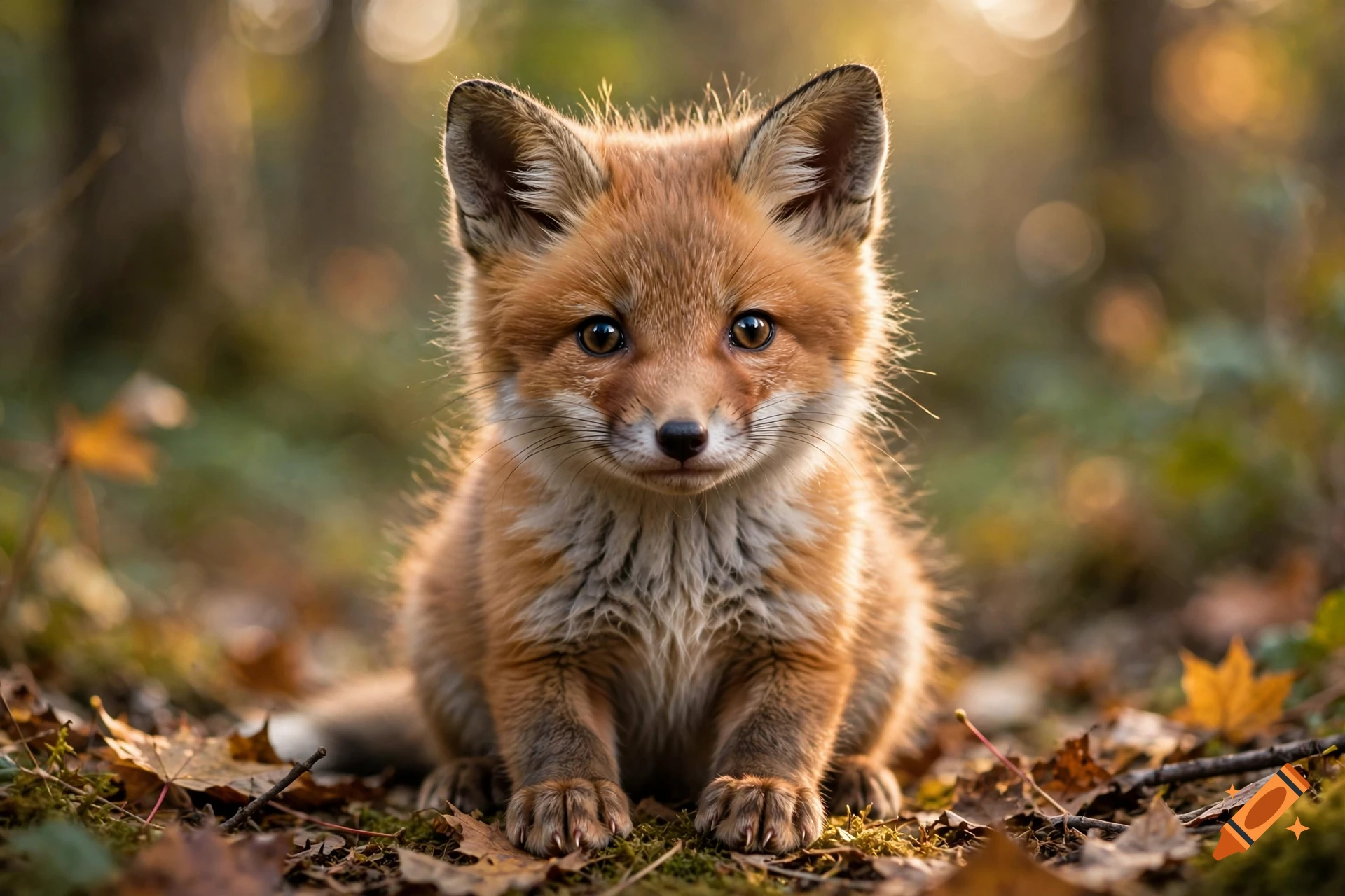 Photorealistic close-up of a cute baby red fox sitting among autumn leaves in a forest.