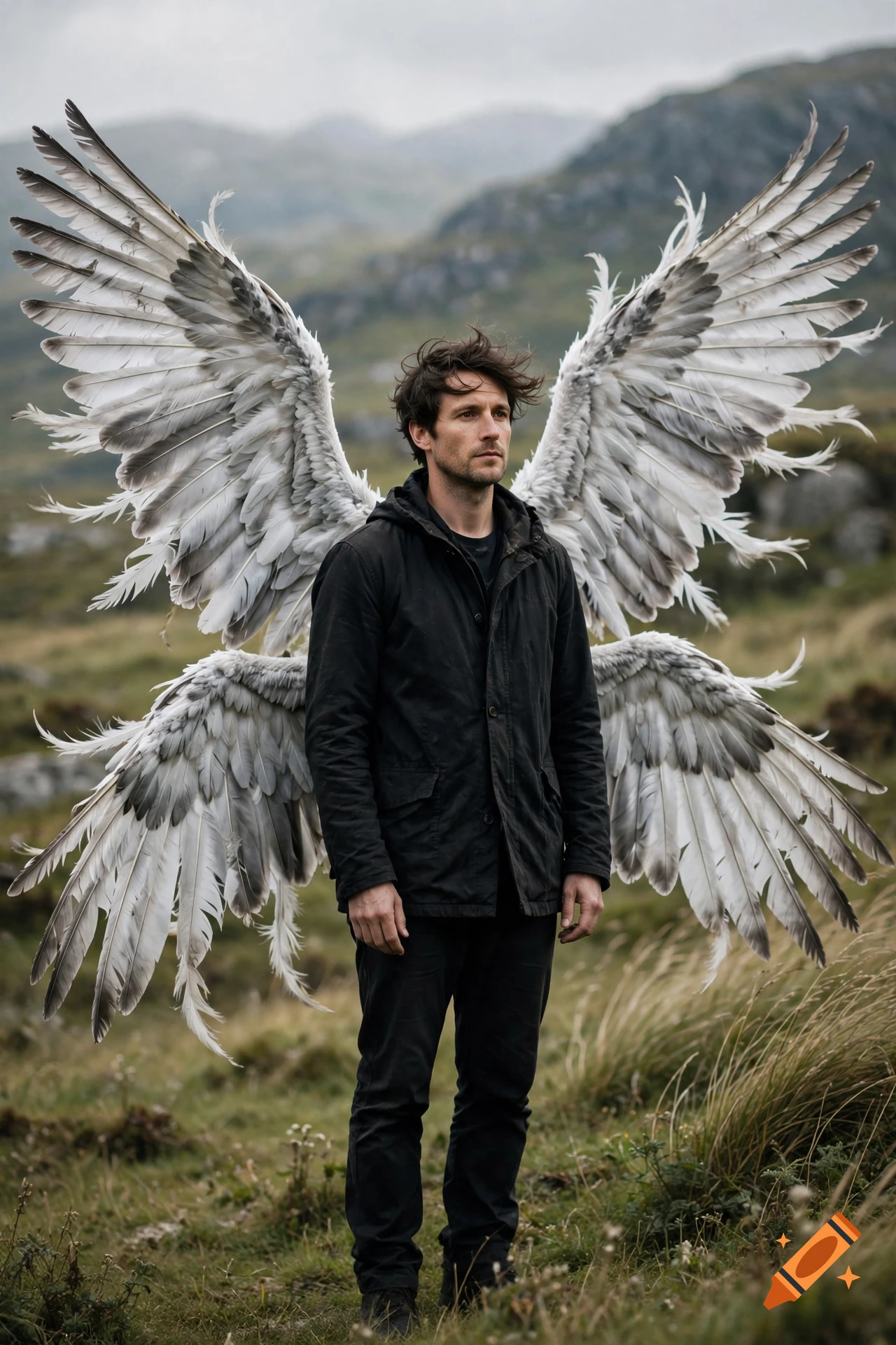 A man wearing four large feathered wings standing in a grassy landscape with mountains in the background.