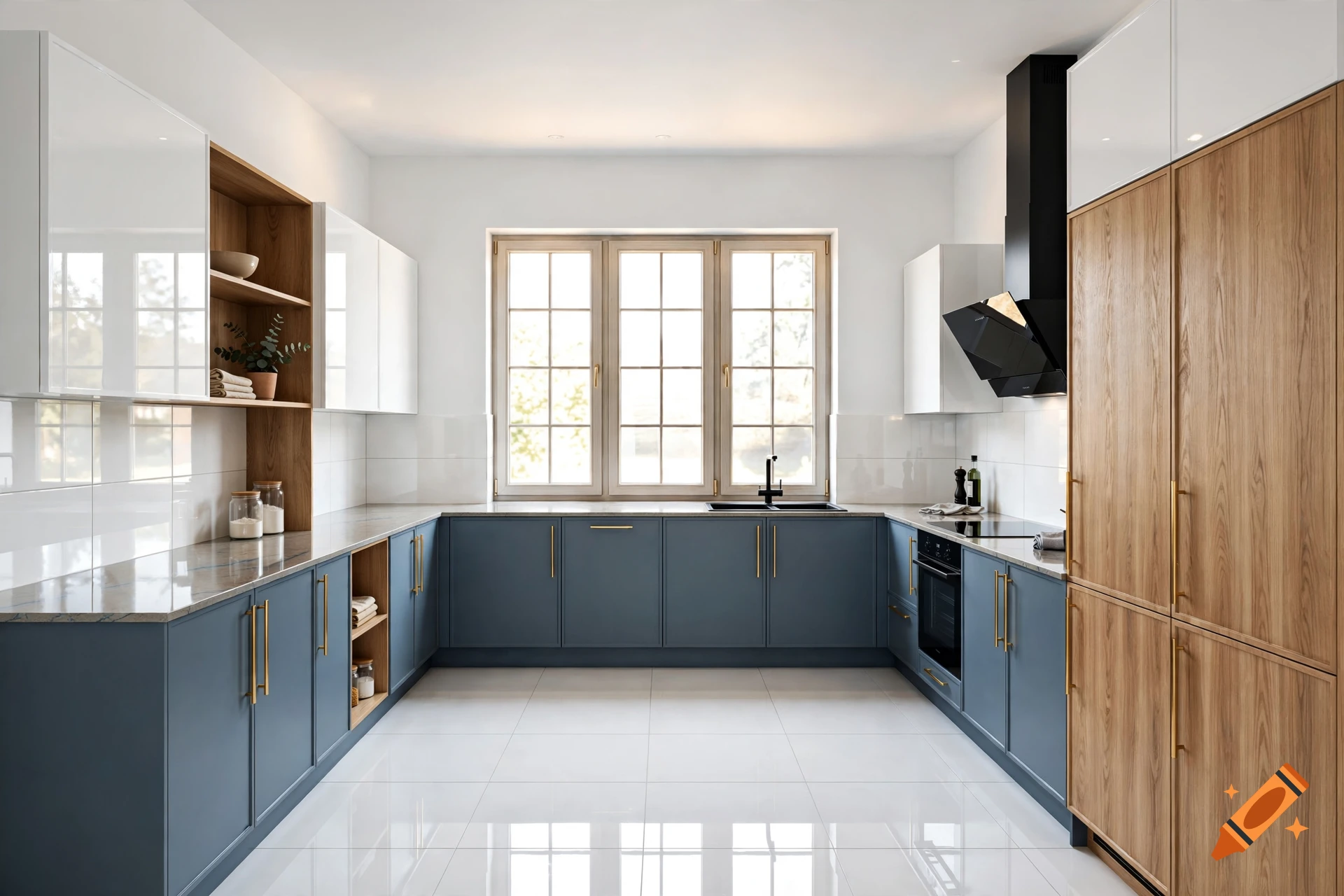 Modern U-shaped kitchen with blue-grey cabinets, white upper cabinets, wood paneling, and large windows.
