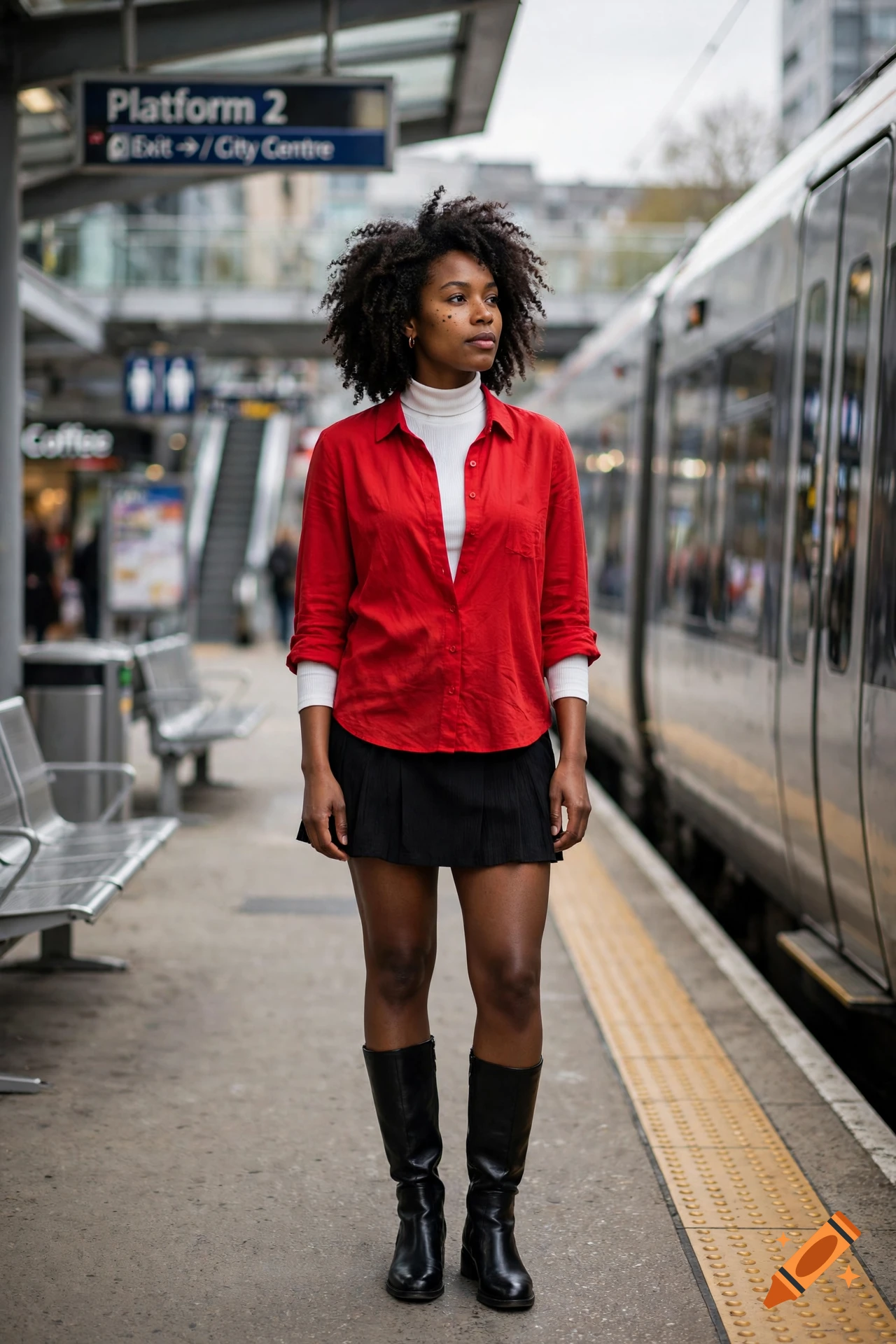 Photorealistic full-body shot of a Black woman with curly hair standing on a train platform wearing a red shirt, white turtleneck, black skirt, and boots.