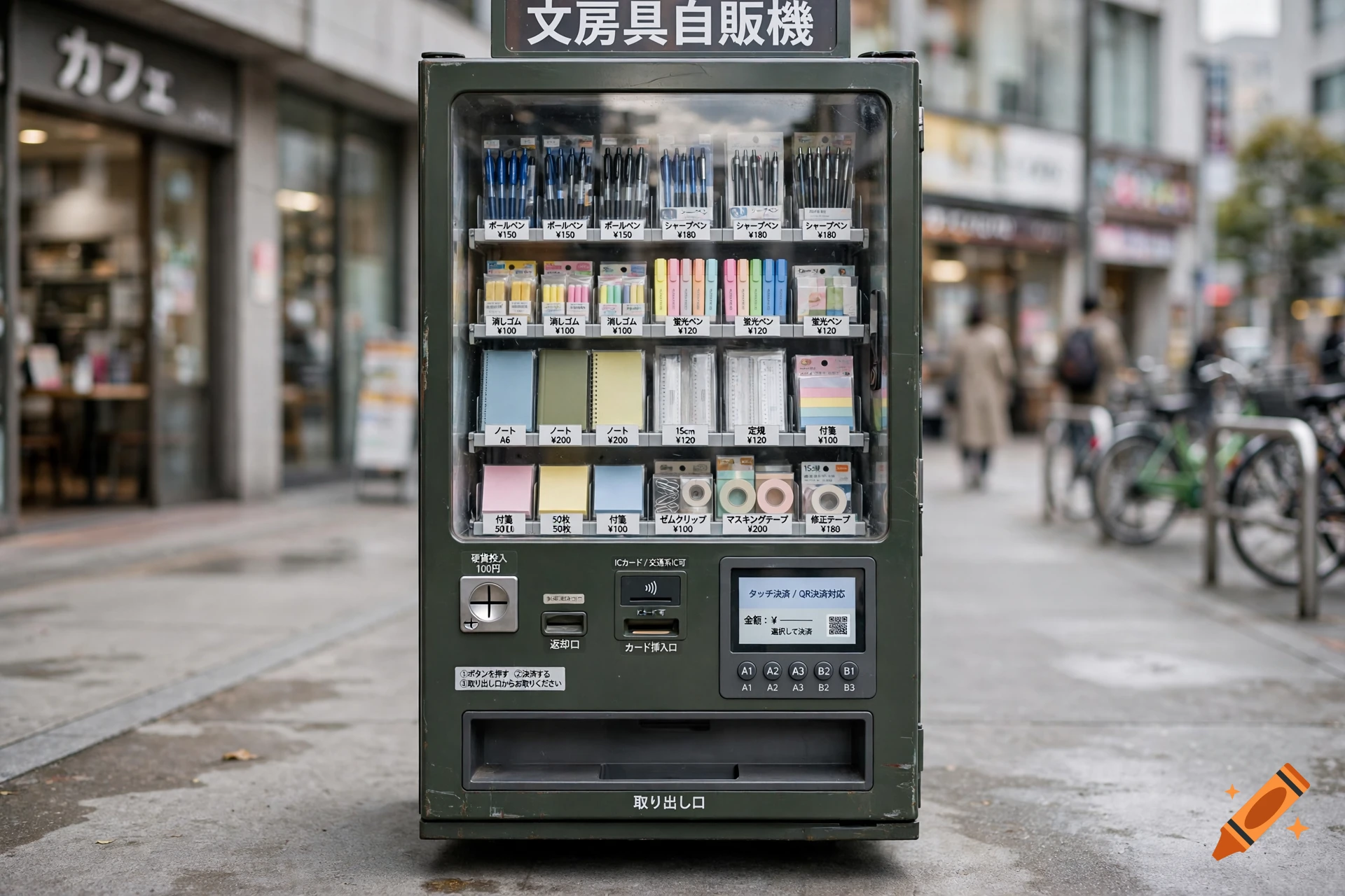 Photorealistic image of a green Japanese stationery vending machine on a city sidewalk.