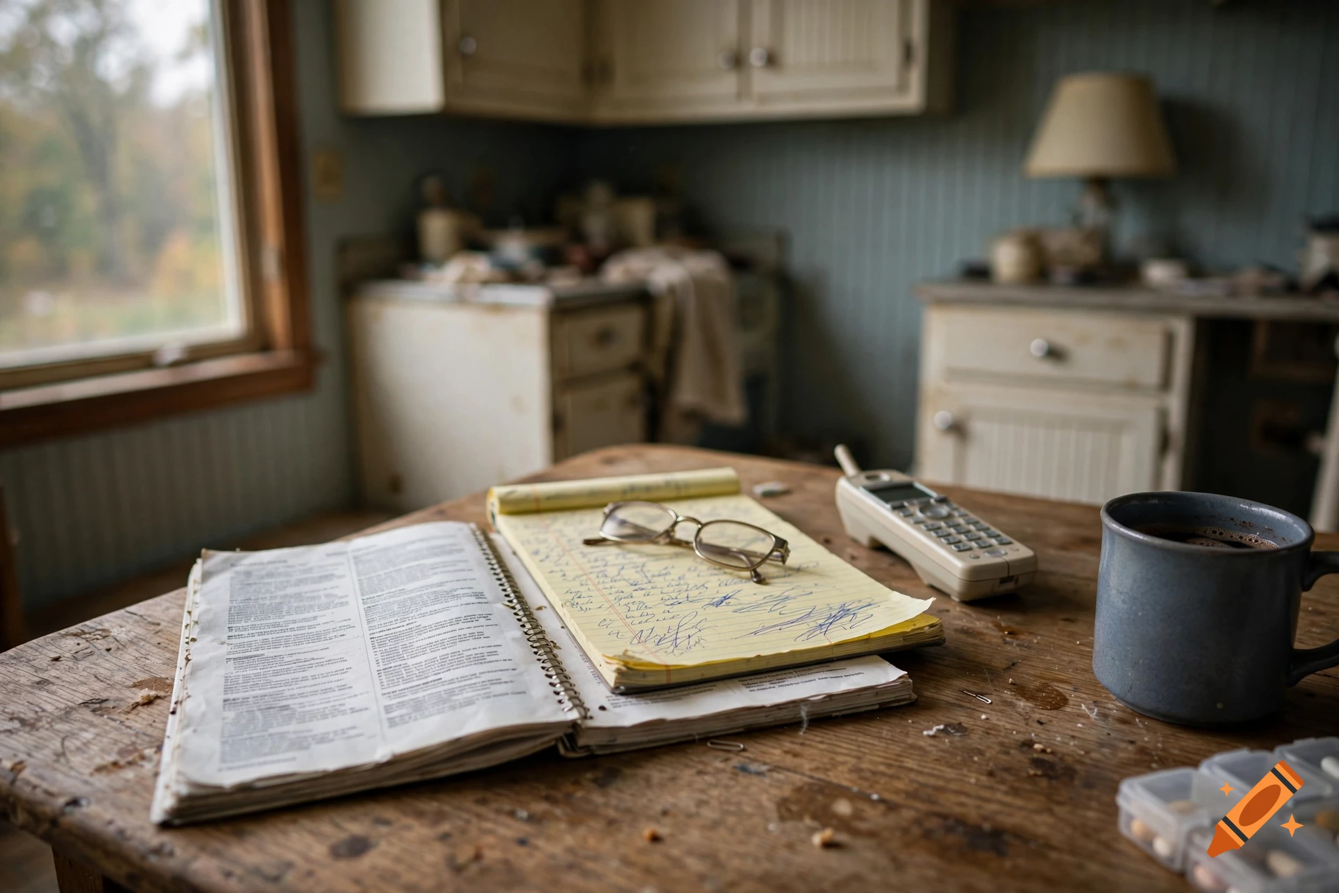 A worn kitchen table with an open booklet, legal pad, reading glasses, landline phone, and coffee mug in a rustic home.
