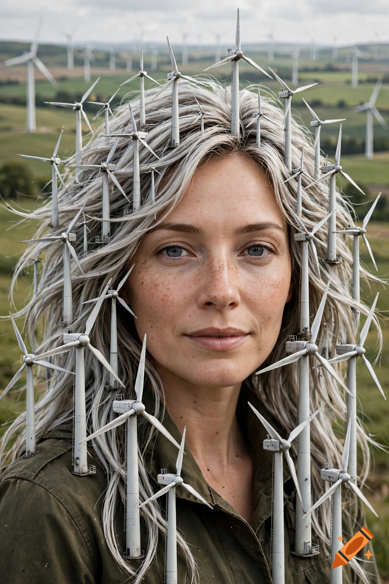 Portrait of a woman with grey hair and freckles, with miniature wind turbines nestled throughout her hair against a rolling green hill background with actual wind turbines.