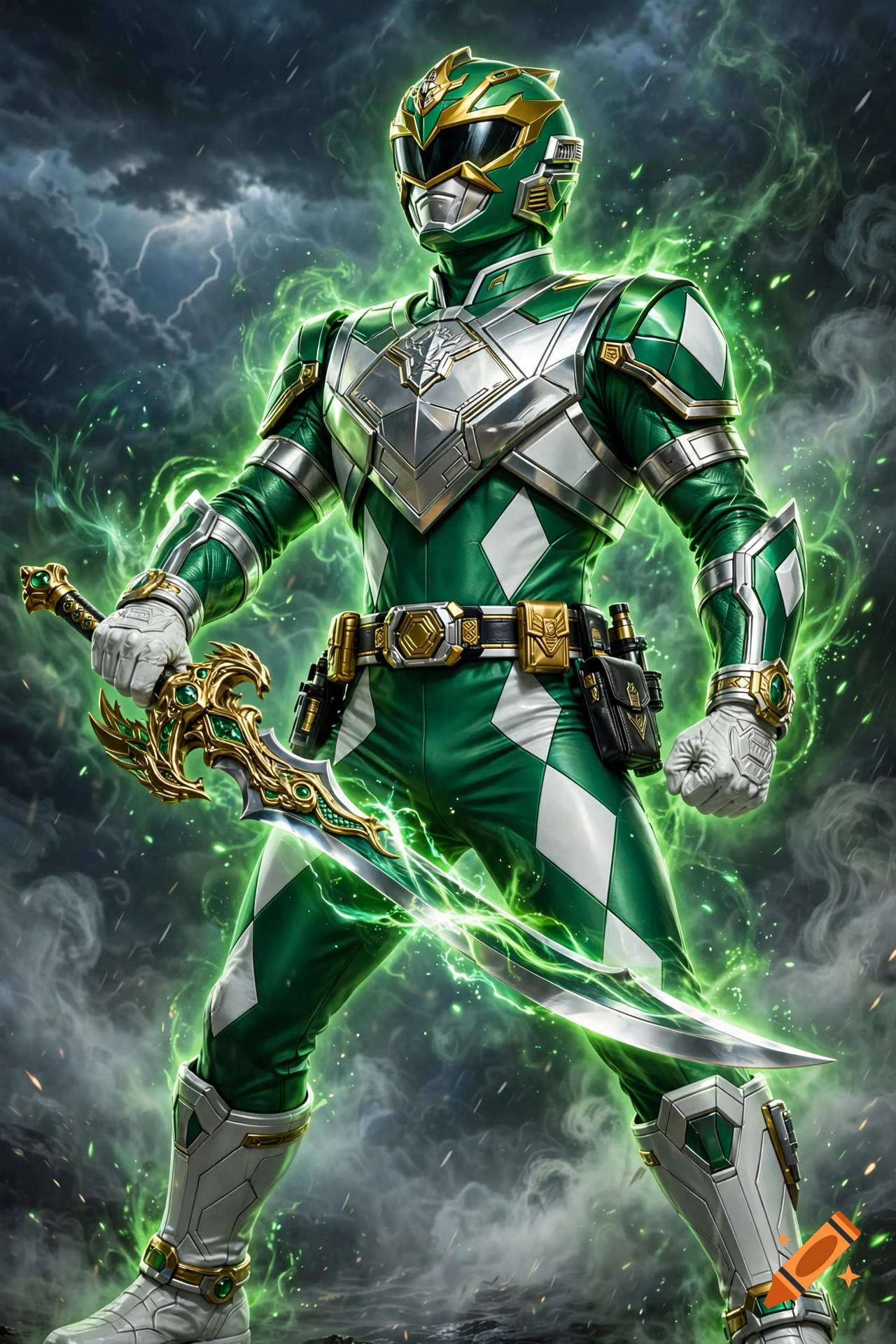 Photorealistic image of a green and silver Power Ranger standing in a stormy environment holding a glowing ornate sword.