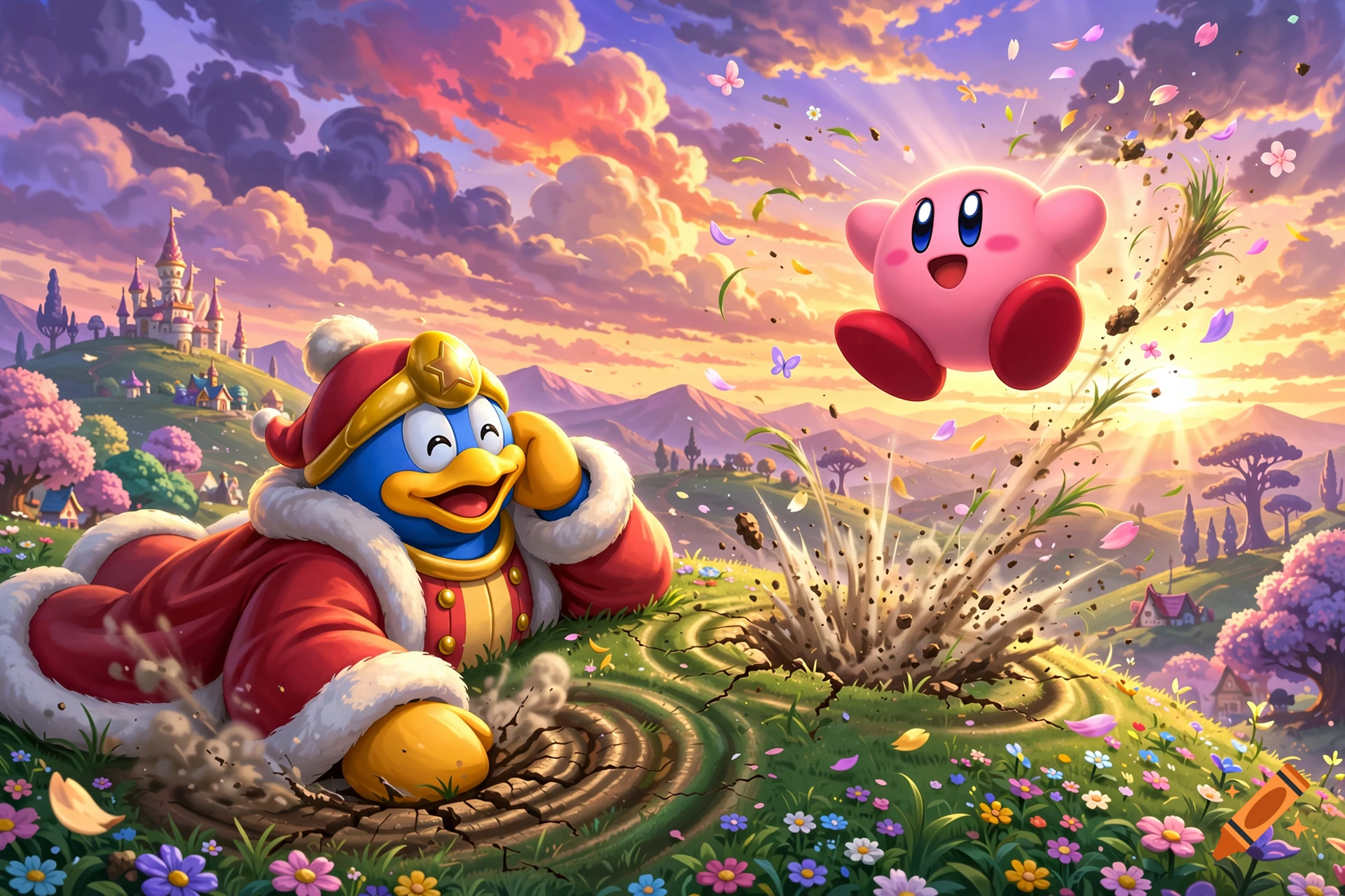 Kirby getting launched into the air as King Dedede rests his elbow on the ground, creating a shockwave in a vibrant fantasy landscape.