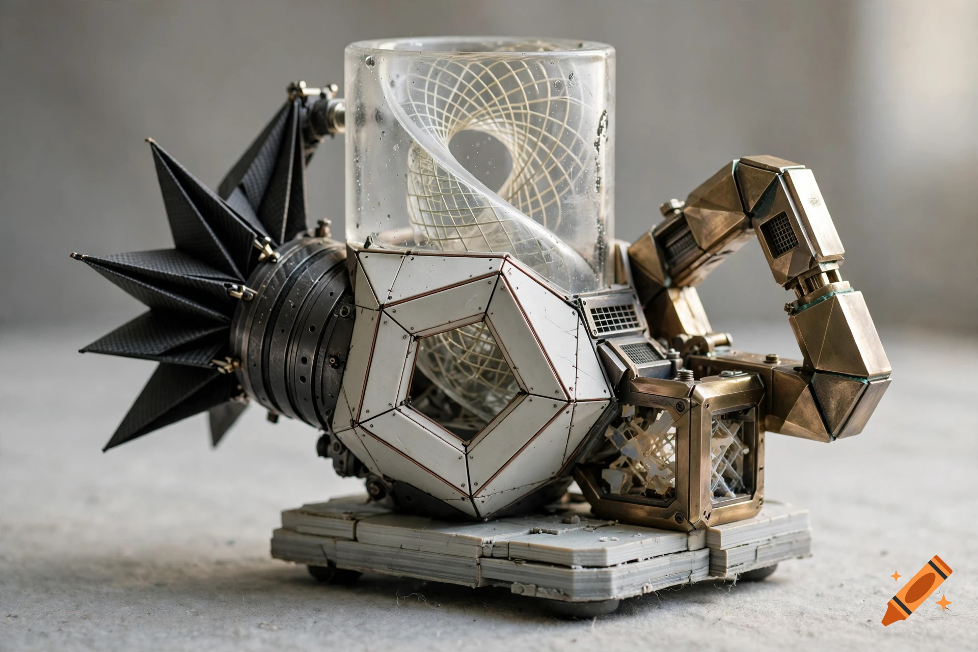An intricate sculpture combining a glass cylinder with a wireframe, geometric metal plates, and a dark star-shaped fixture.