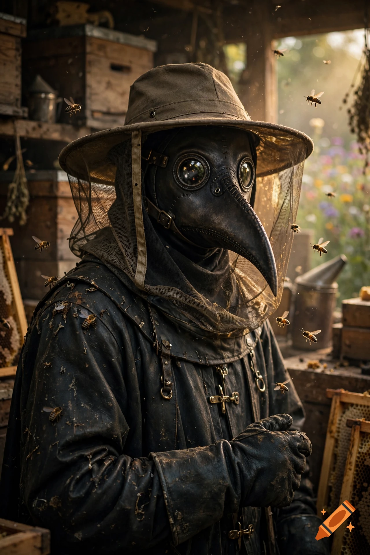 Photorealistic image of a person wearing a plague doctor mask and a beekeeper hat, surrounded by bees in a rustic apiary.