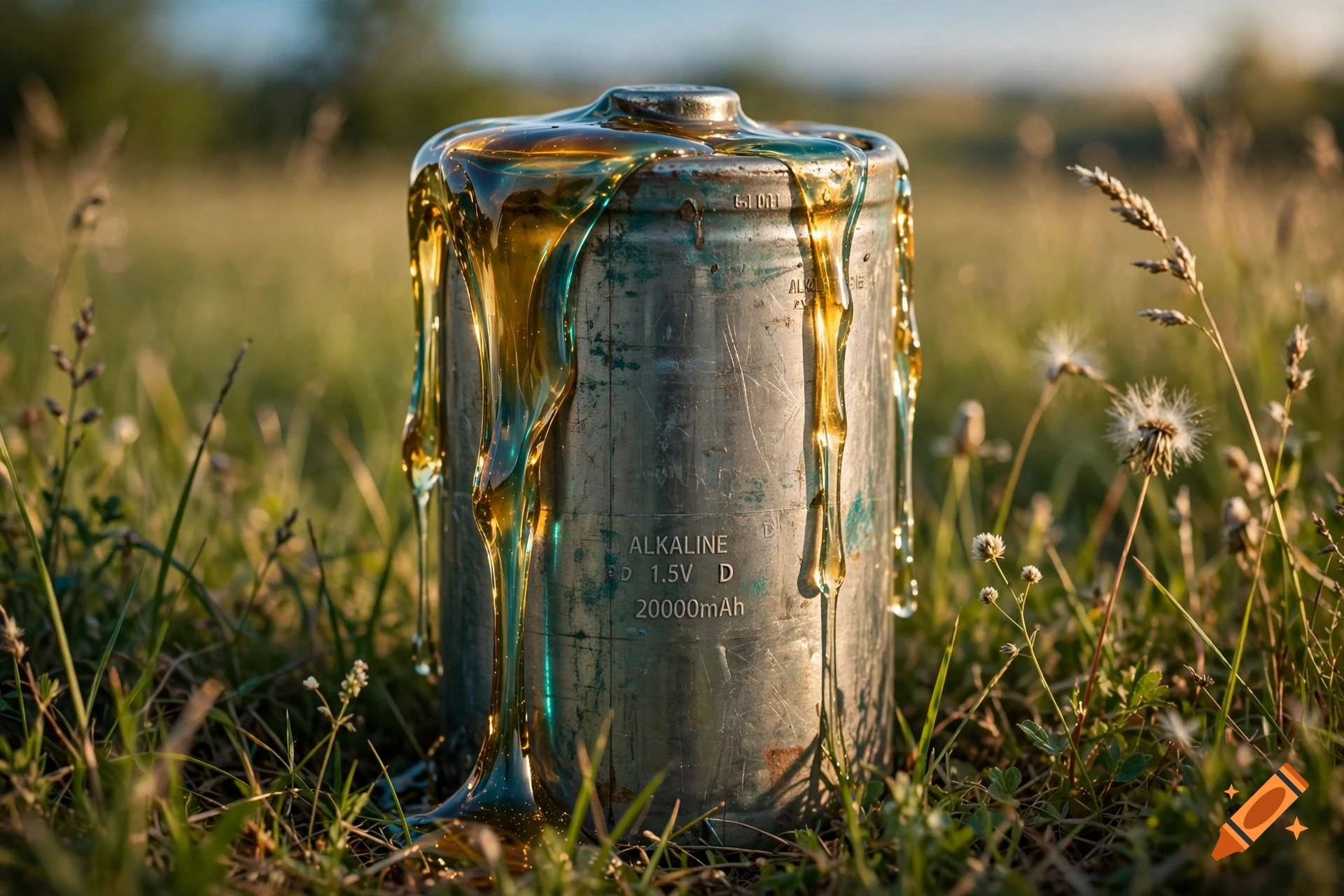 Photorealistic image of a large cylindrical alkaline battery standing in a green field with a viscous golden liquid melting over its top.