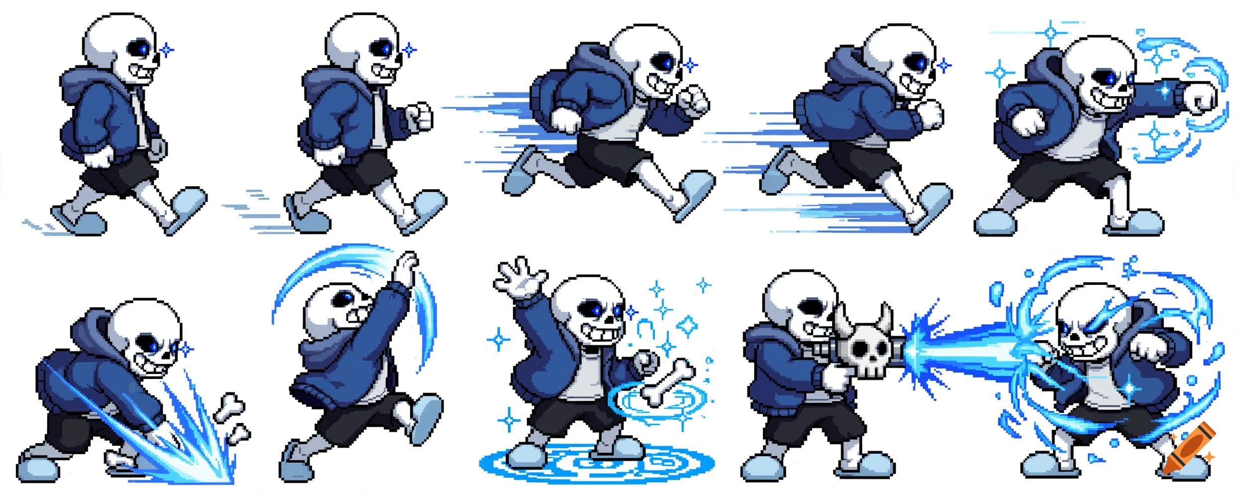 Pixel art sprite sheet of Sans from Undertale in various walking, running, and attacking poses.
