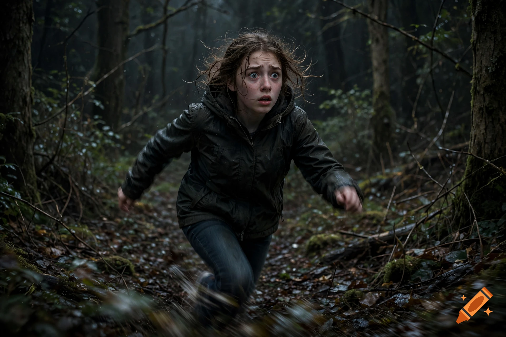 A panicked young woman running through a dark, dense forest.