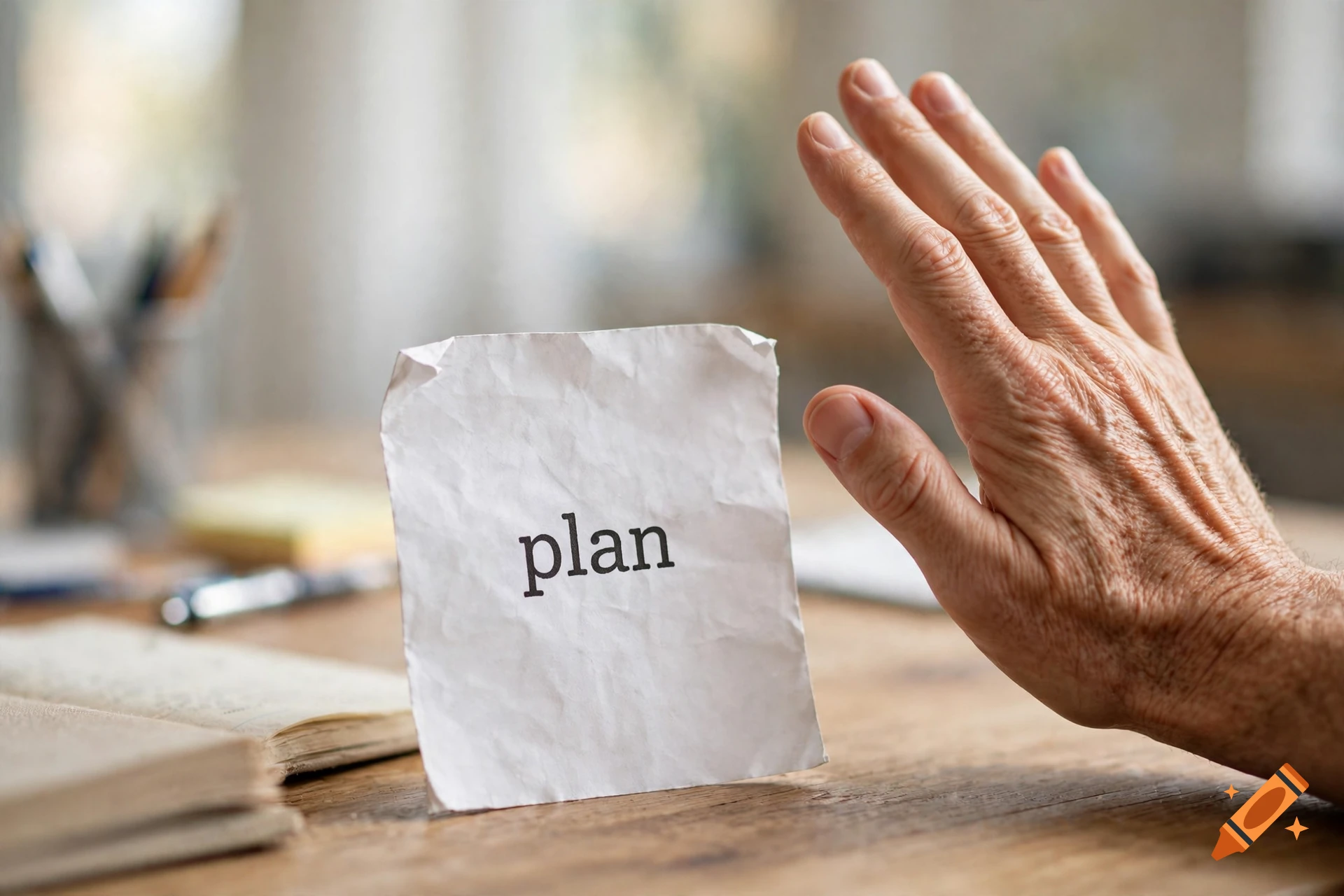 Close-up of a hand waving goodbye next to a crumpled piece of paper with the word plan written on it.