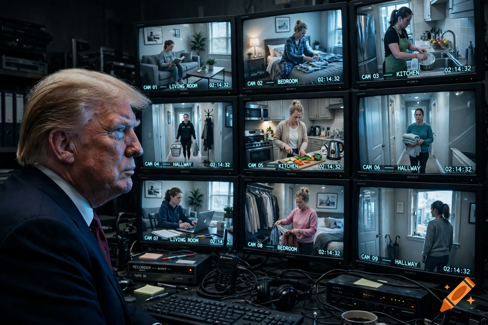 Photorealistic scene of Donald Trump watching multiple security camera monitors displaying women in various rooms.