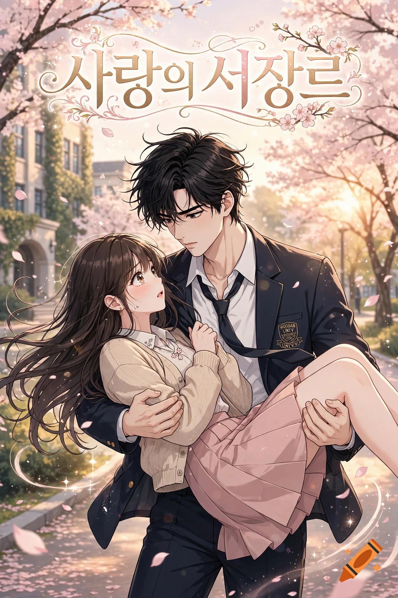 Anime style illustration of a tall young man carrying a young woman in his arms under cherry blossom trees.