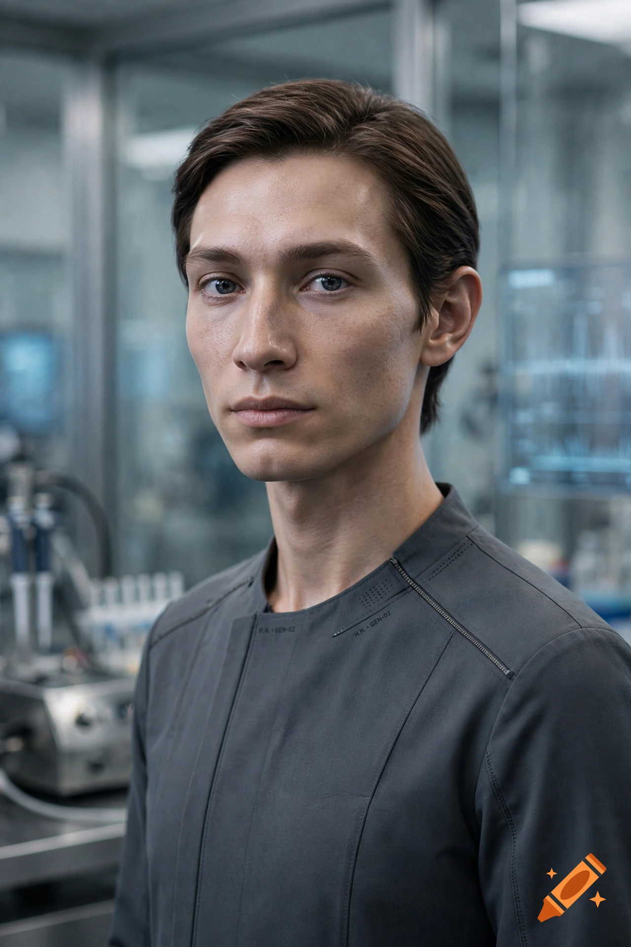 Photorealistic portrait of a young man with dark hair in a futuristic laboratory setting, wearing a gray utility jacket.