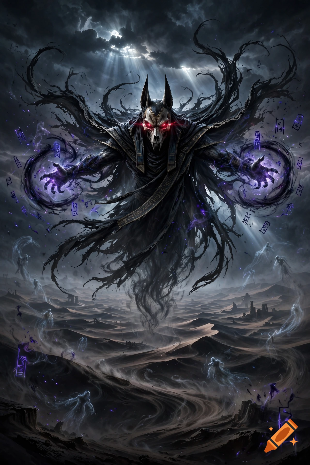 Anubis-like necromancer in a black cloak and skull mask hovering over a desert with mystical glowing runes, digital art.