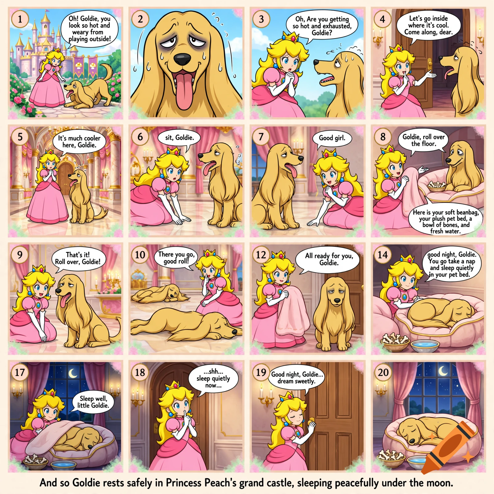 A multi-panel comic strip showing Princess Peach interacting with a tired golden dog in a castle.