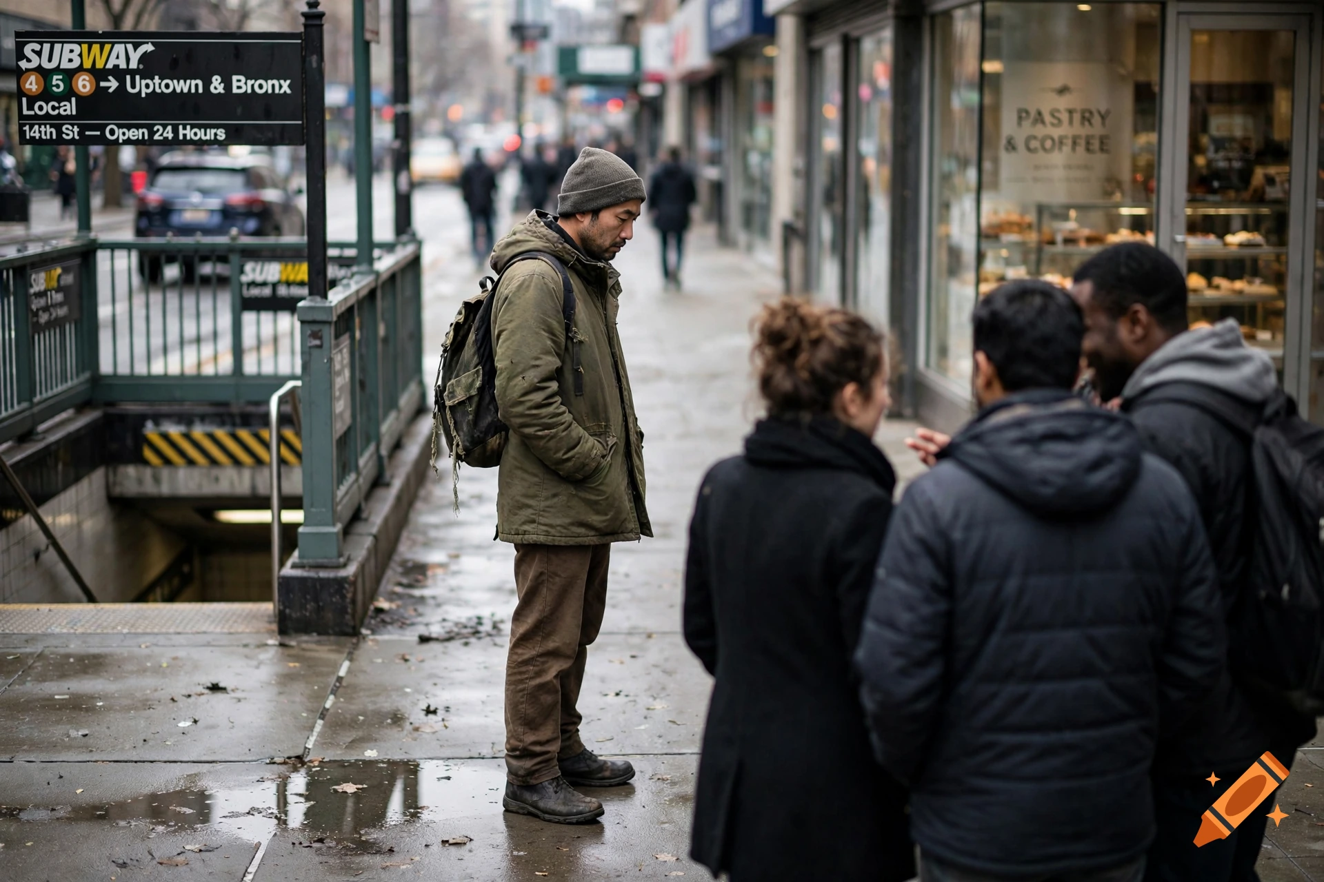 Photorealistic street scene of people outside a subway entrance in the city.