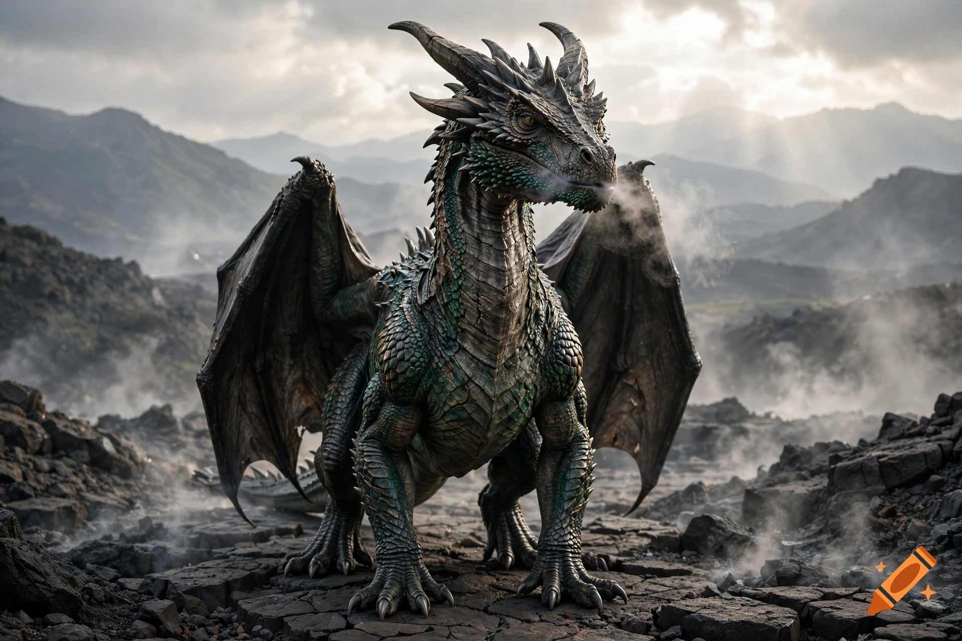 A detailed photorealistic green dragon standing on a rocky, mountainous terrain with smoke coming from its snout.