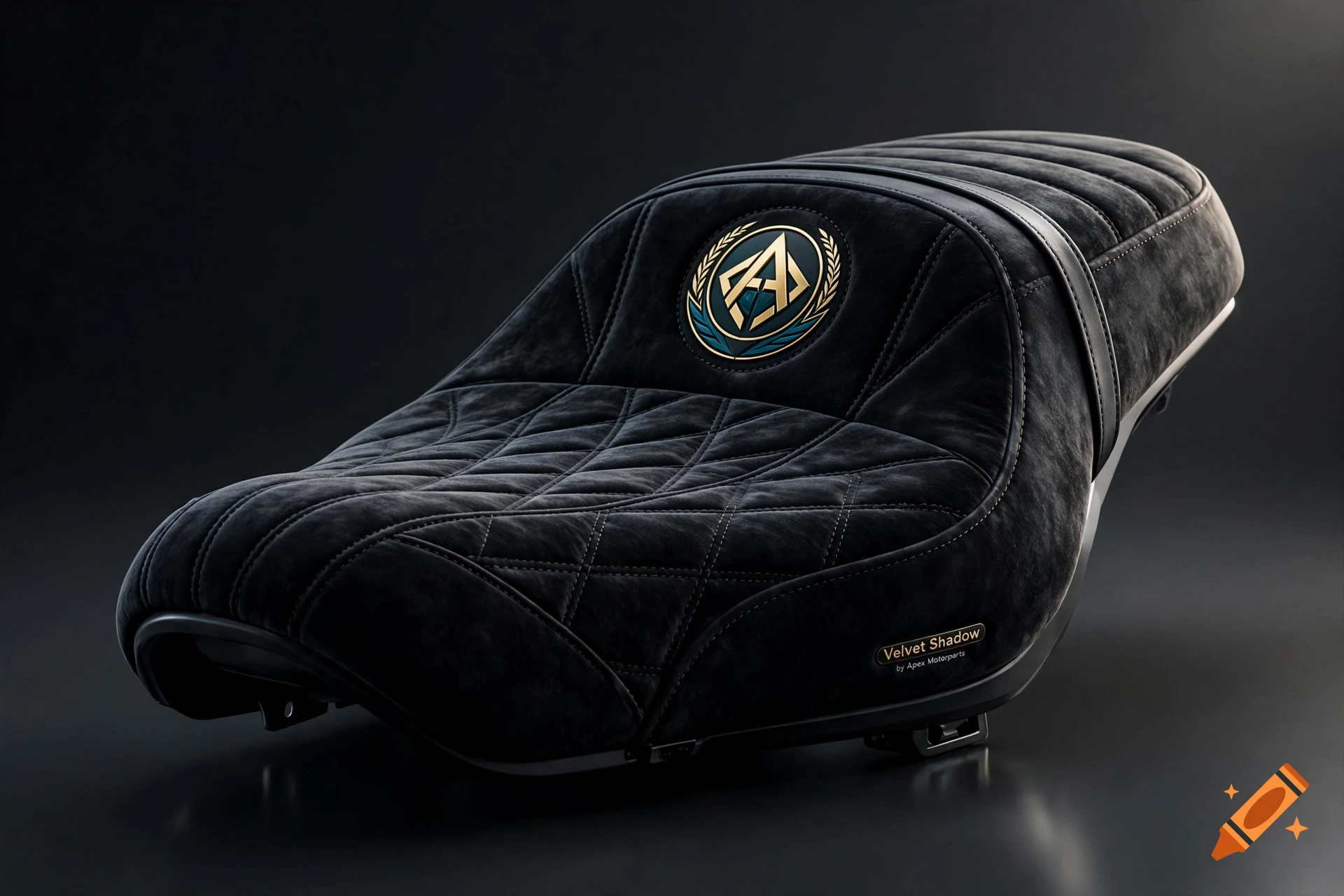 Photorealistic black velvet and leather motorcycle seat with diamond stitching and a gold and blue Apex Motorparts logo.
