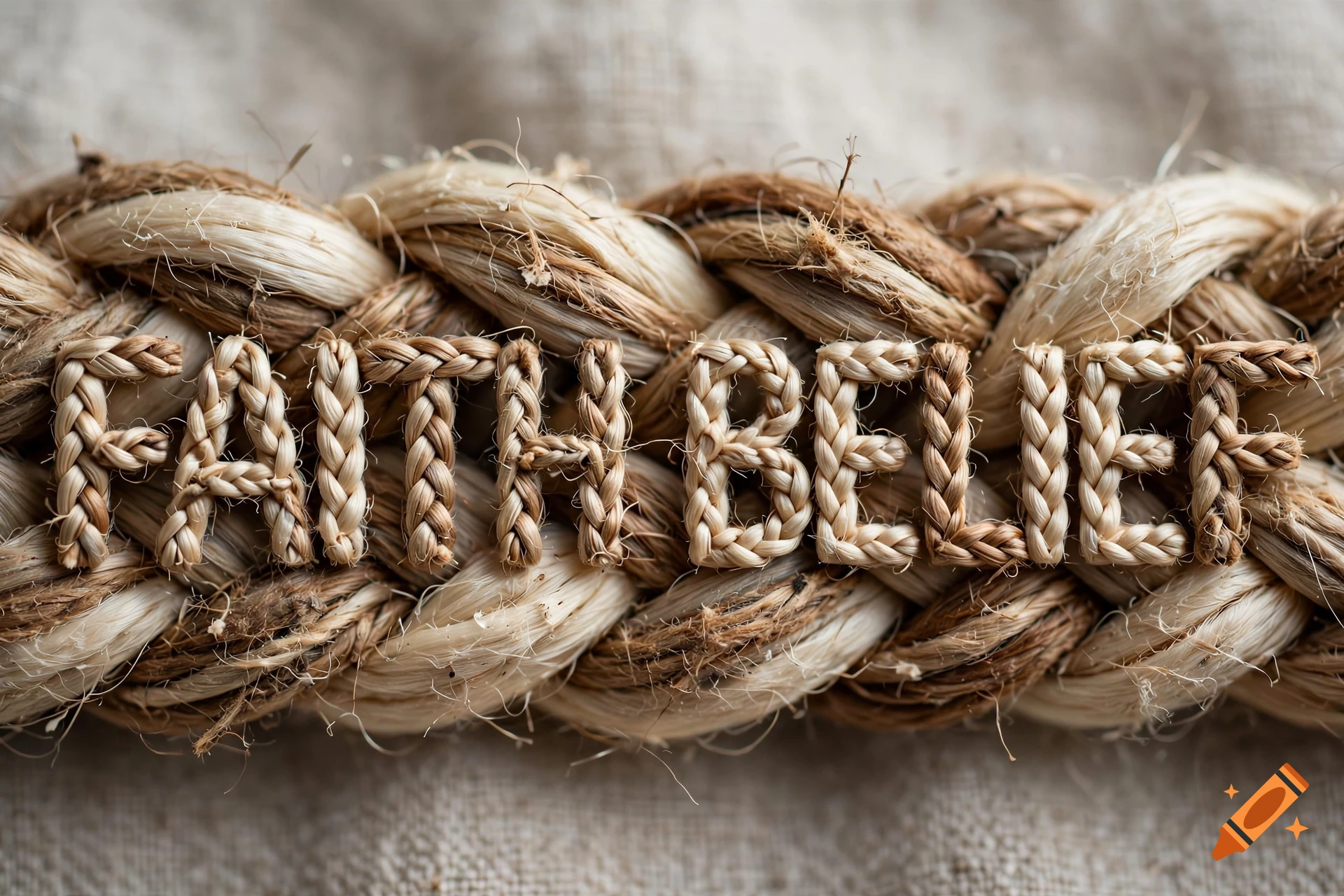 Close-up of a braided rope on textured fabric spelling out the words FAITH and BELIEF.