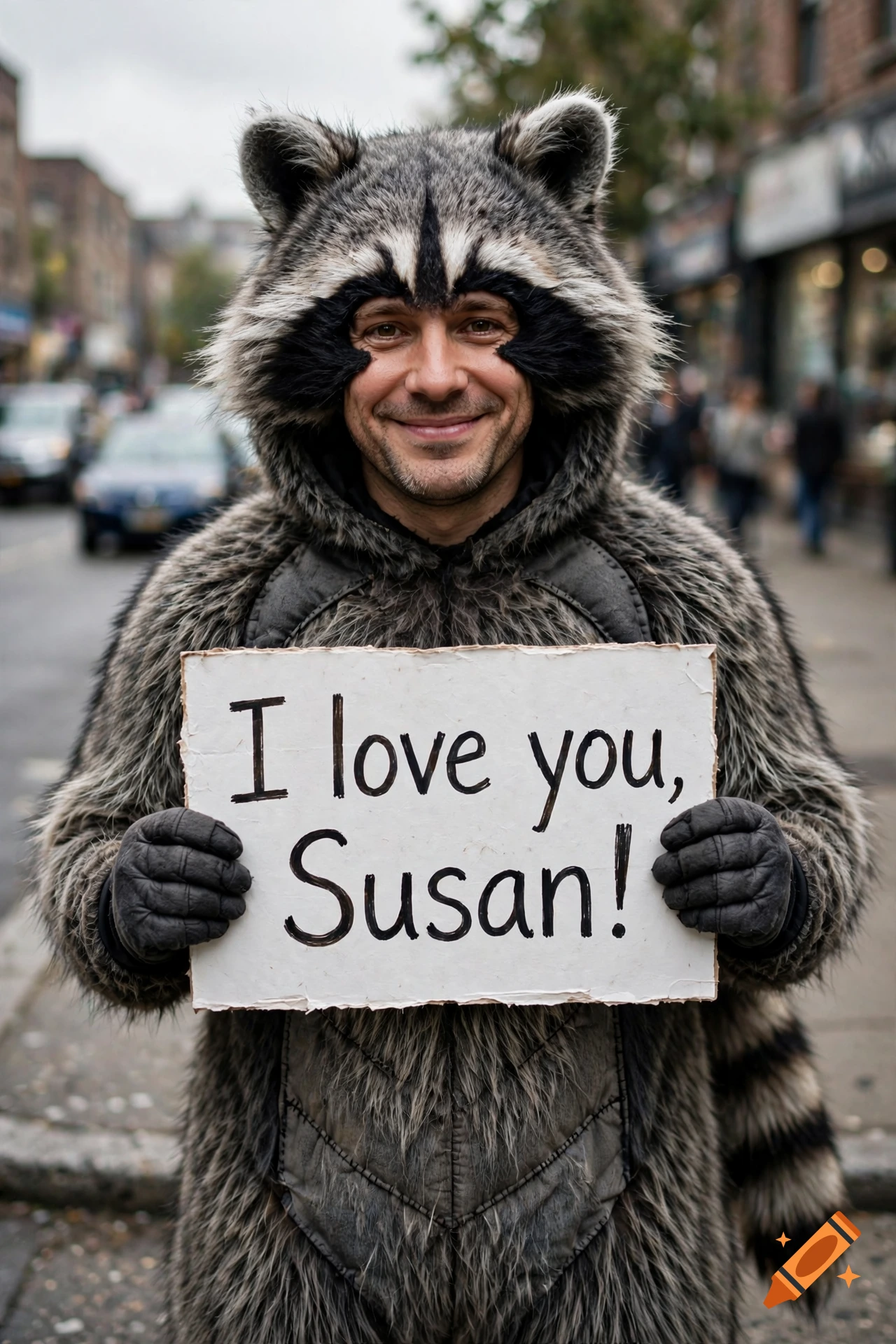 Photorealistic portrait of a smiling man wearing a raccoon costume holding a sign that says I love you Susan!