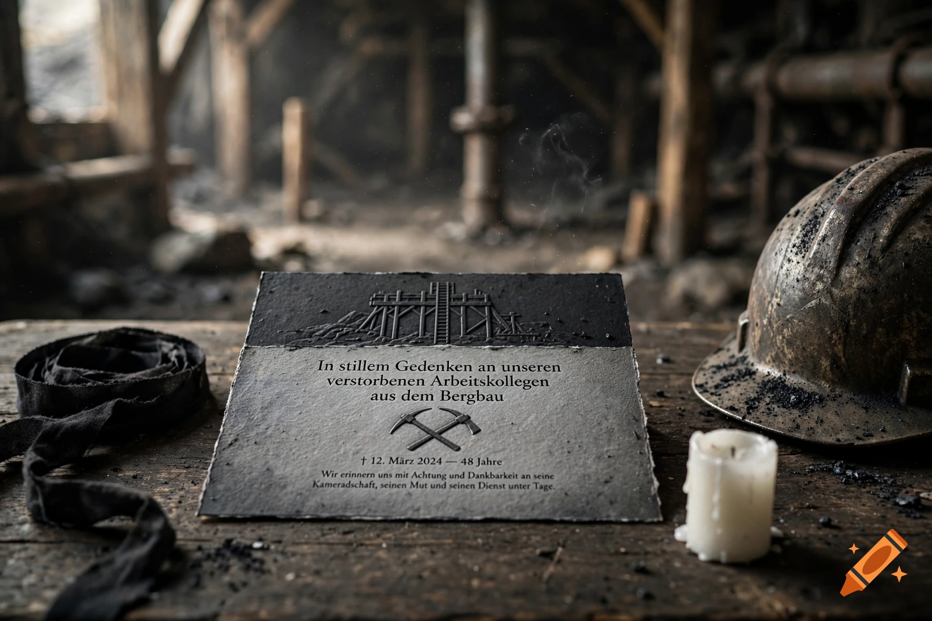 Photorealistic memorial card for a deceased miner resting on a wooden table with a miner's helmet and candle.