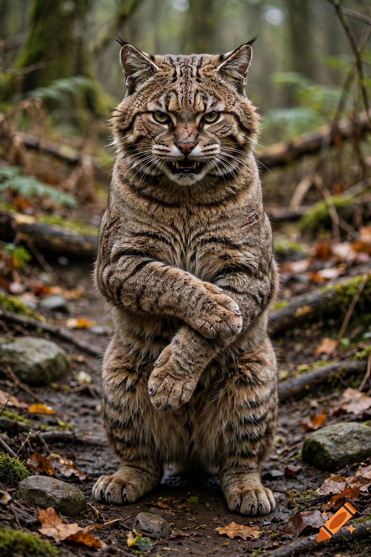 An aggressive wildcat standing upright with arms crossed in a forest setting, photorealistic style.