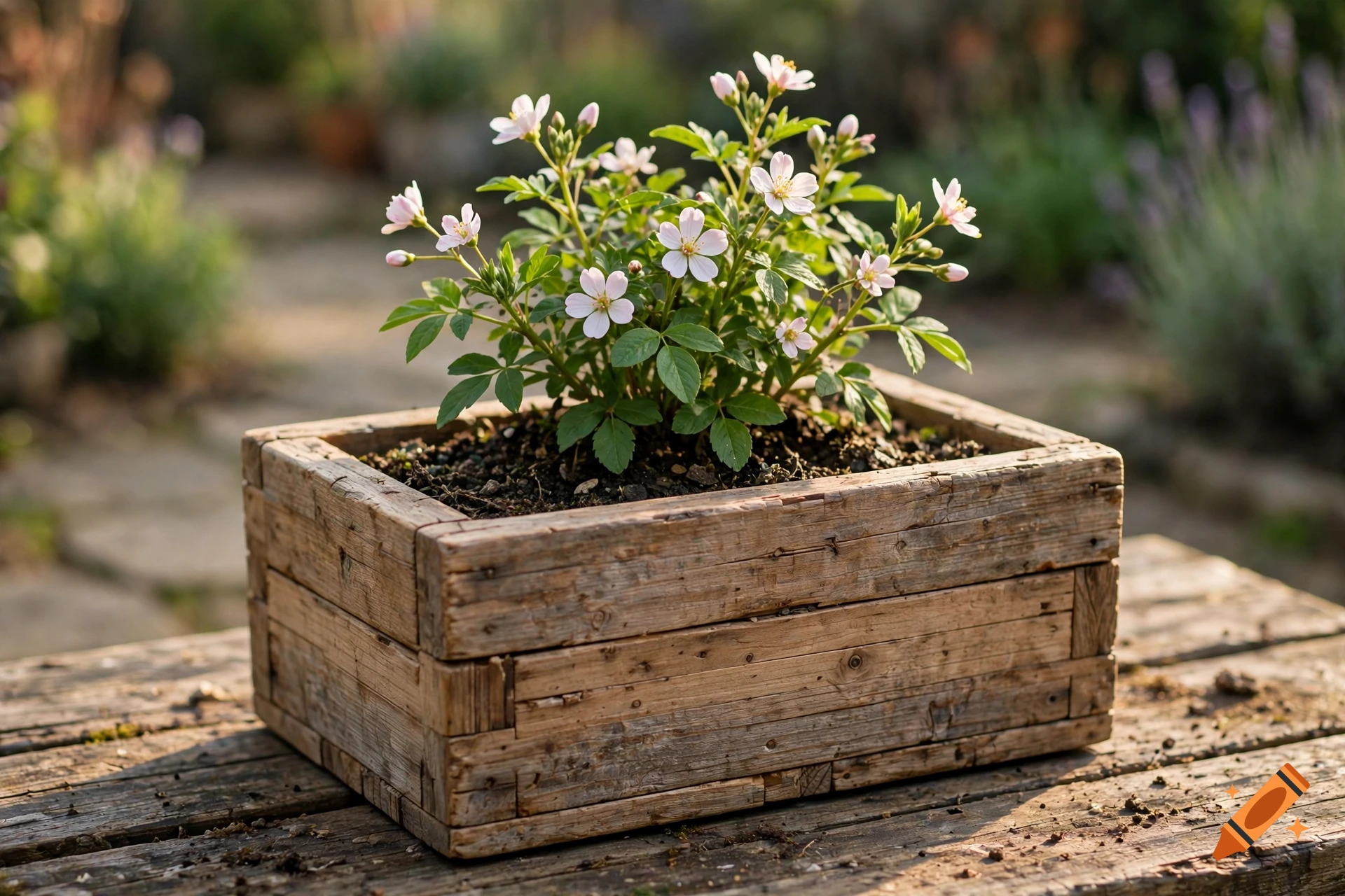 Photorealistic image of a wooden flower box filled with small white and pink flowers, sitting on a weathered wooden table outdoors.